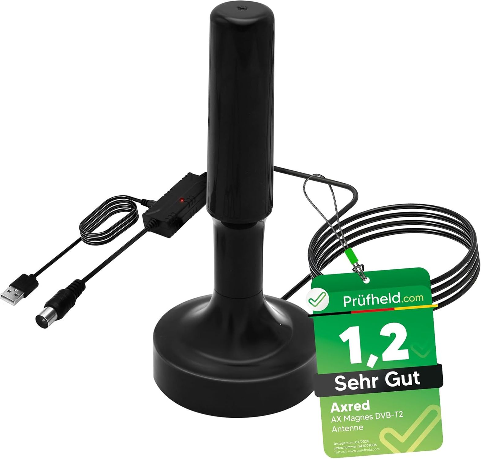 Schwarze DVB-T2-Antenne mit grün-weißem Etikett mit der Bewertung 1,2 und dem Text 'Sehr Gut'.