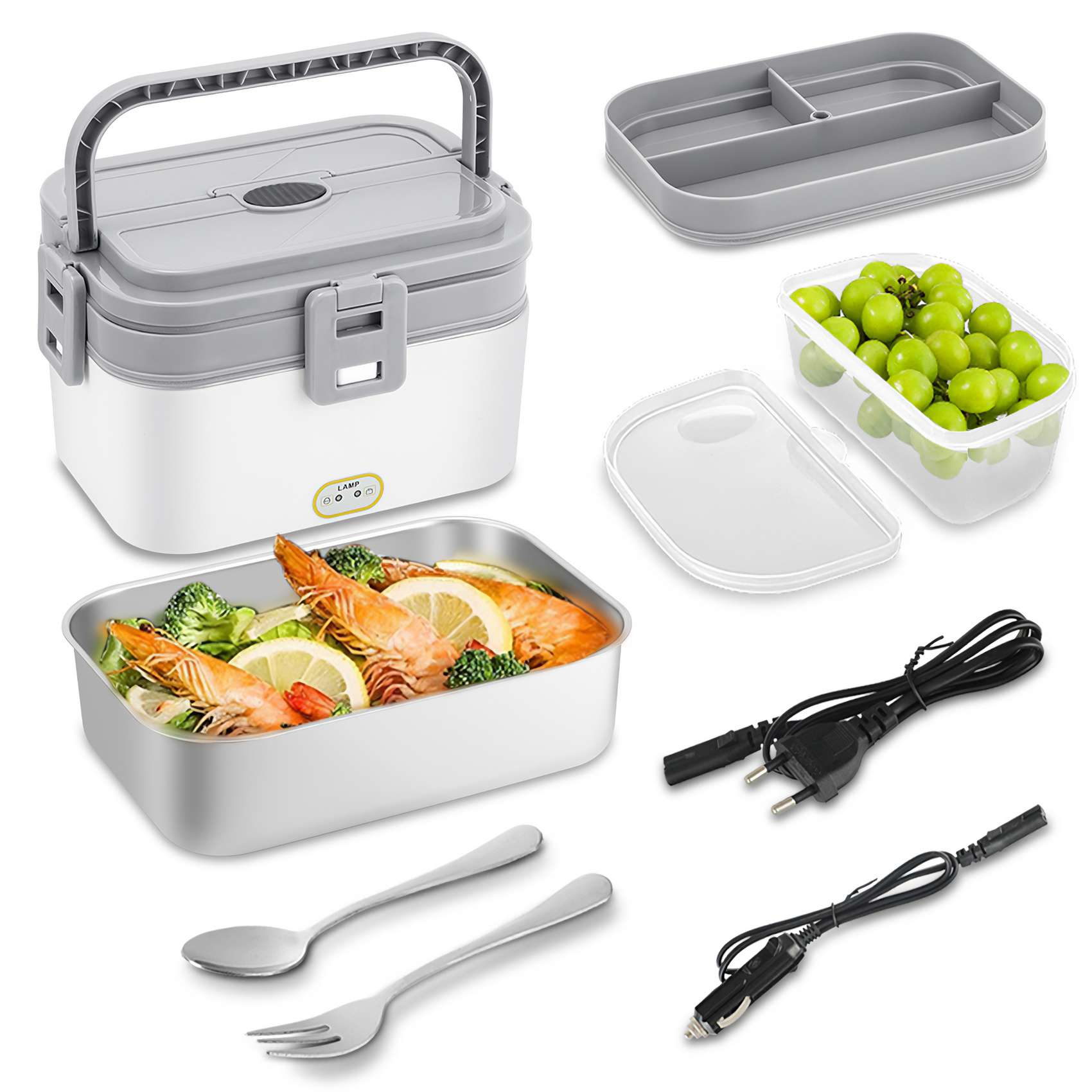 Eine weiß-graue Lunchbox mit Lebensmittelbehältern und Zubehör. Enthält Trauben, Garnelen, Löffel, Gabel und Netzkabel.