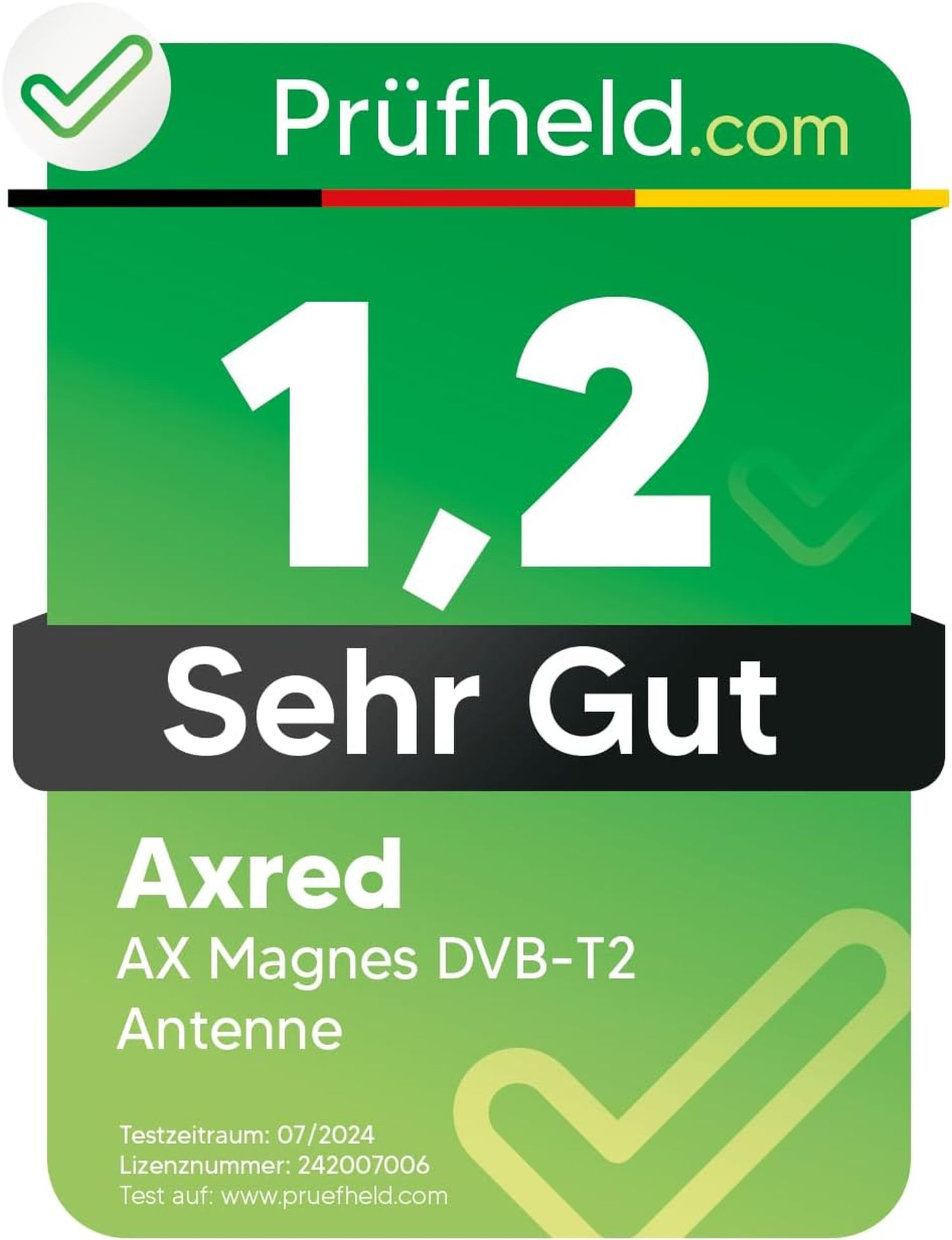 Ein grünes und weißes Prüfheld.com-Logo mit der Zahl 1,2 und dem Text 'Sehr Gut'. Darunter stehen 'Axred' und 'AX Magnes DVB-T2 Antenne'.