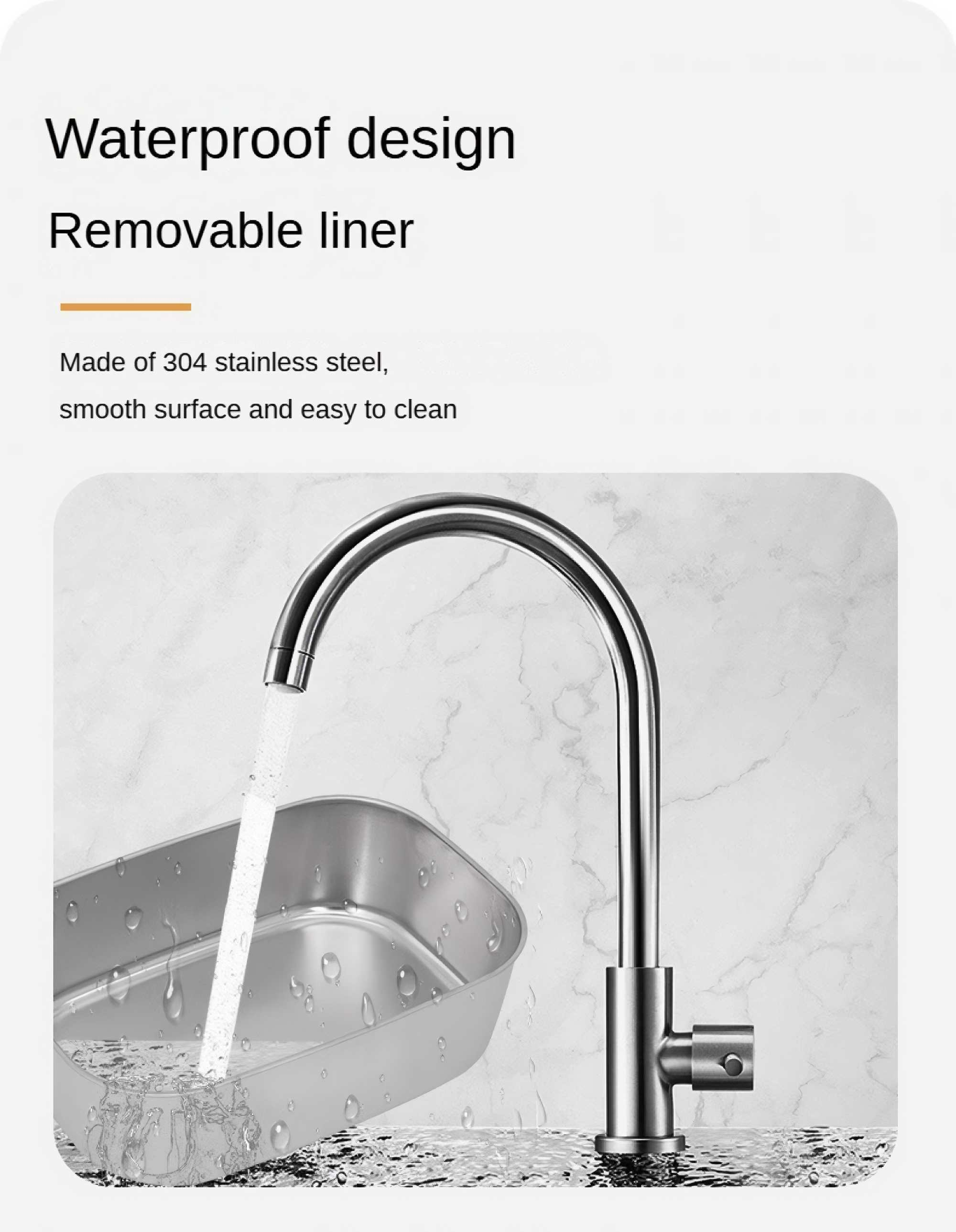 Ein Wasserhahn aus Edelstahl, aus dem Wasser in ein Metallbecken fließt. Marmorhintergrund. Text oben.