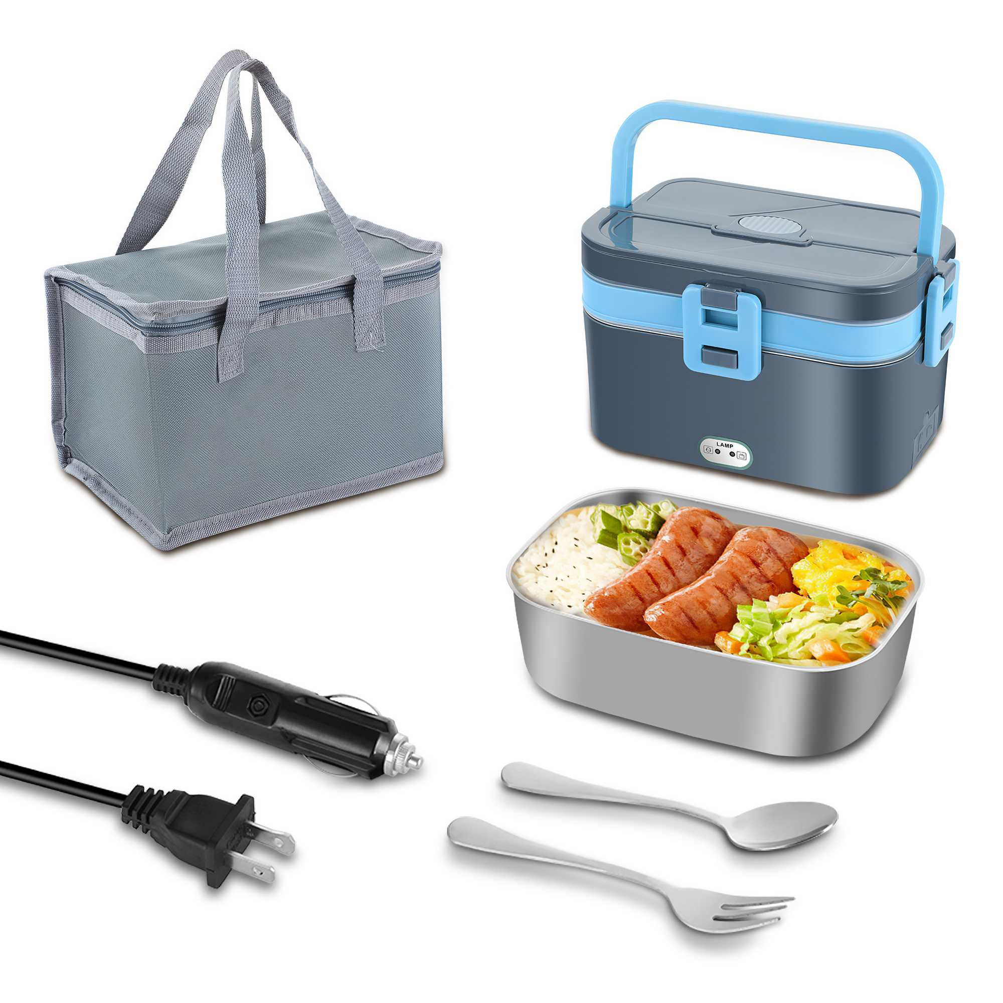 Graue Lunchtasche, elektrische Lunchbox, Lebensmittelbehälter mit Essen, Stromkabel und Besteck auf weißem Hintergrund.