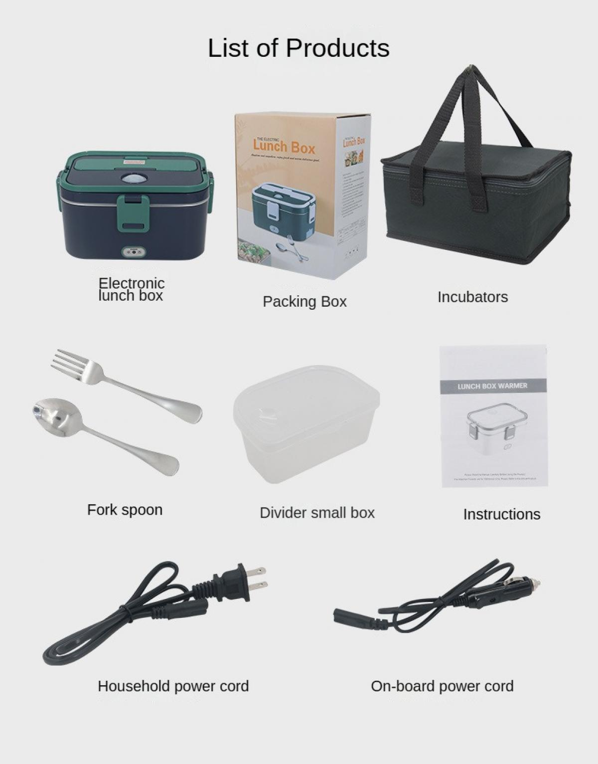 Das Bild zeigt Lunchboxen, eine Verpackung, Inkubatoren, Gabel, Löffel, eine kleine Box, Anweisungen, Netzkabel. Produkte werden präsentiert.