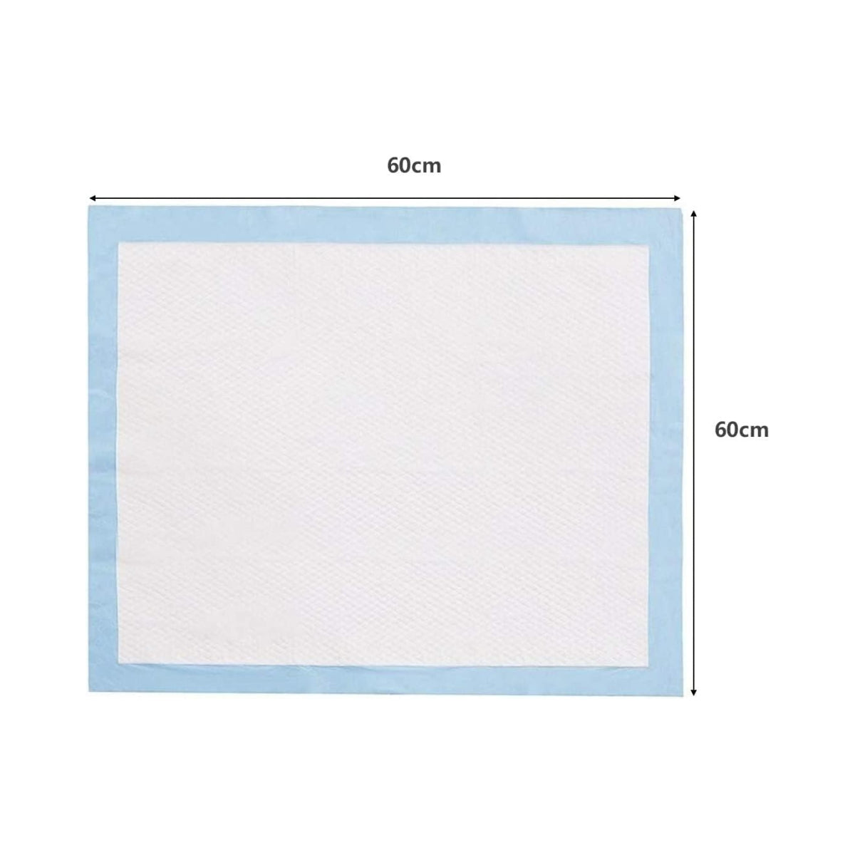 Una almohadilla absorbente rectangular blanca con un borde azul claro, dimensiones etiquetadas como 60cm x 60cm.