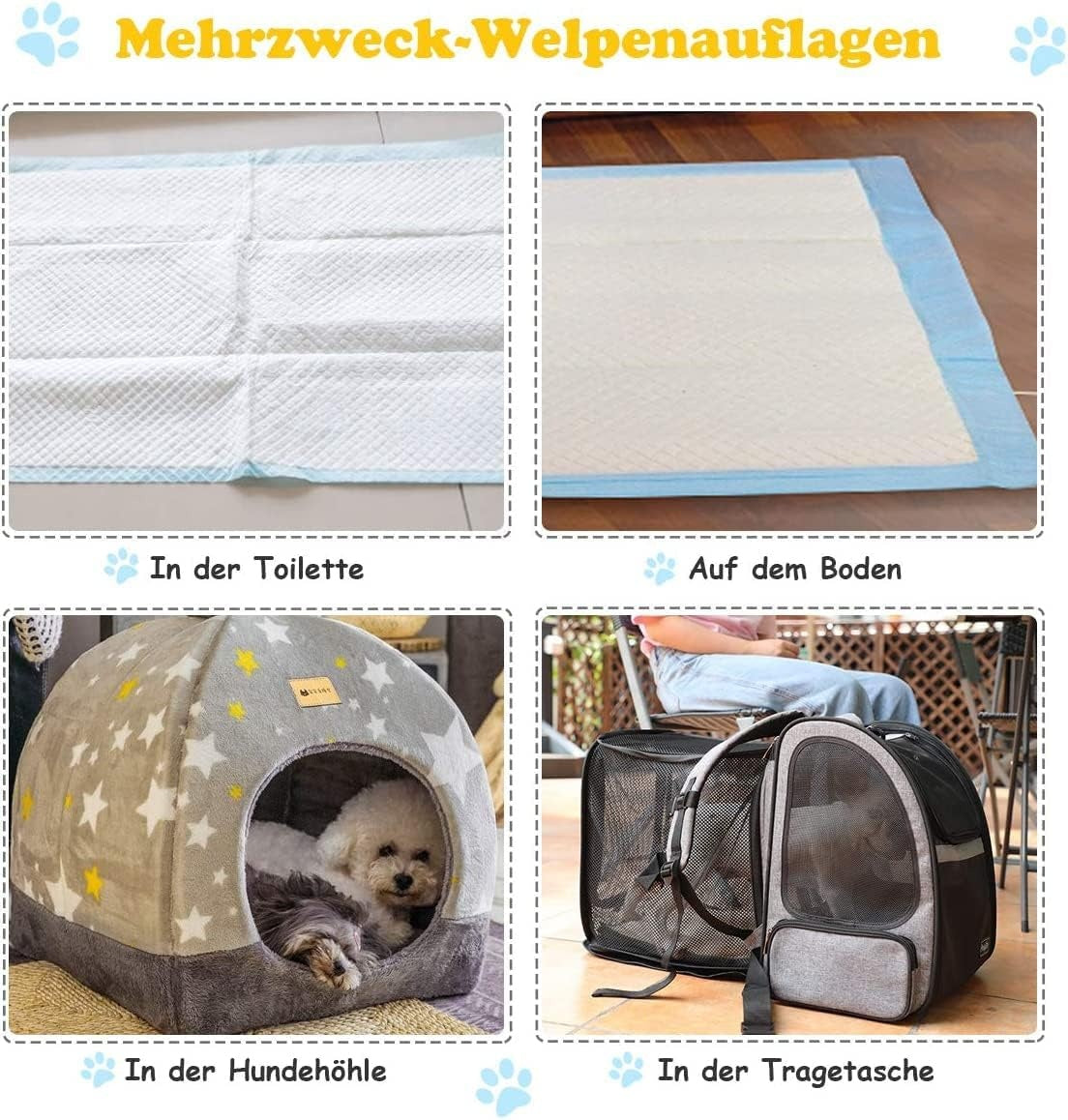 La imagen muestra empapadores para cachorros y accesorios para perros. Incluye una caseta, un transportín y almohadillas.