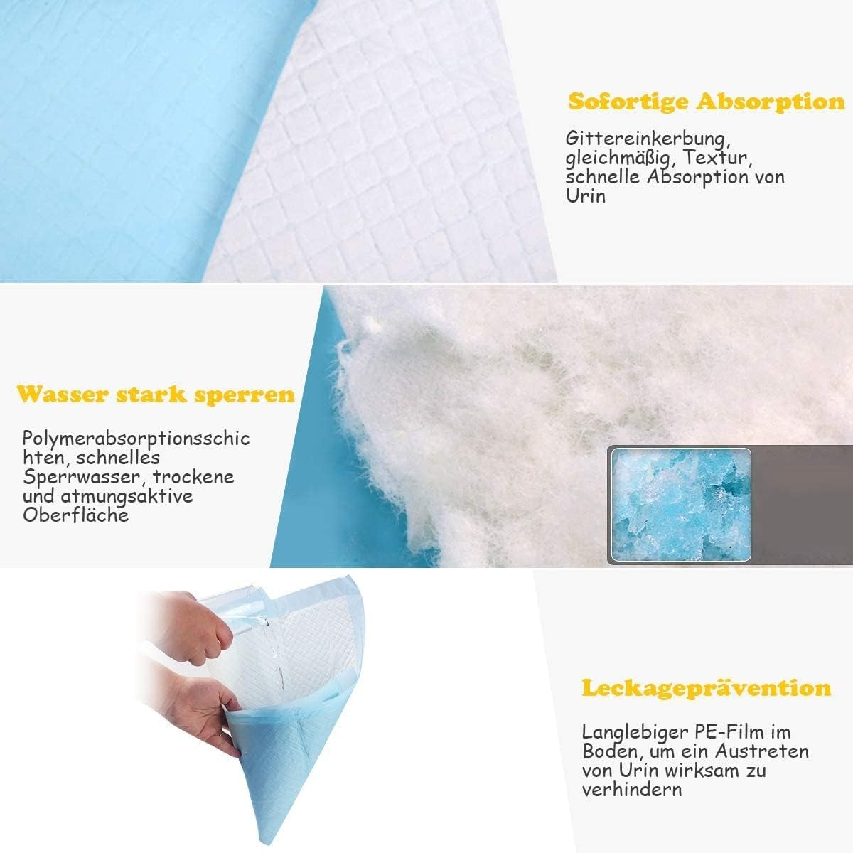 Primer plano de una almohadilla para pañales con texto que indica resistencia al agua y absorción. Una mano sostiene parte de la almohadilla.