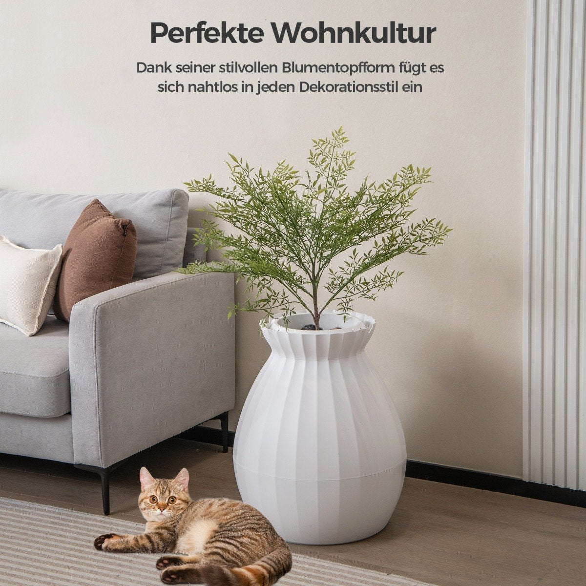 Un gato yace sobre una alfombra. Un jarrón blanco con una planta verde está junto a un sofá gris con almohadas. El texto en la parte superior dice 'Perfecta cultura del hogar'.