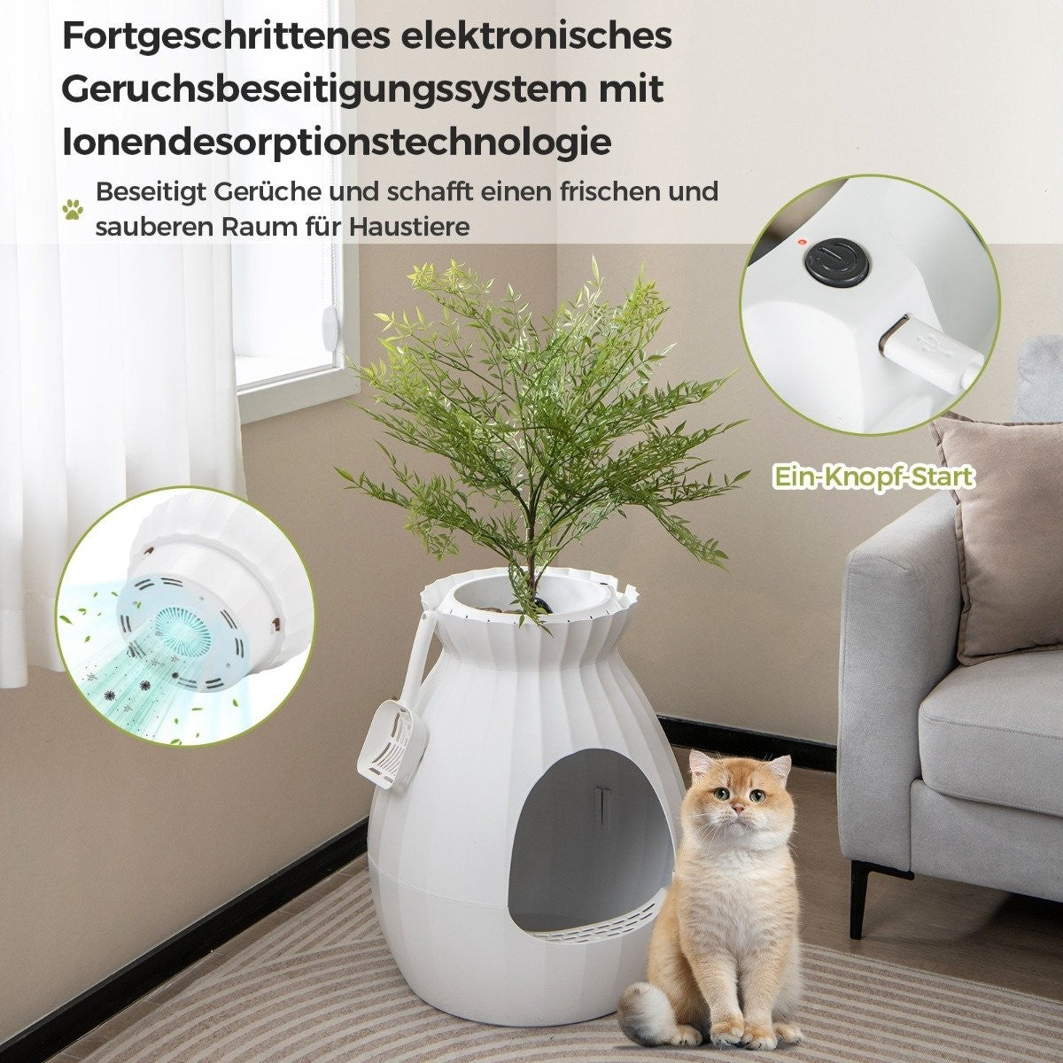 Una caja de arena blanca con una planta, un gato y un botón. Texto: sistema avanzado de eliminación de olores electrónico.
