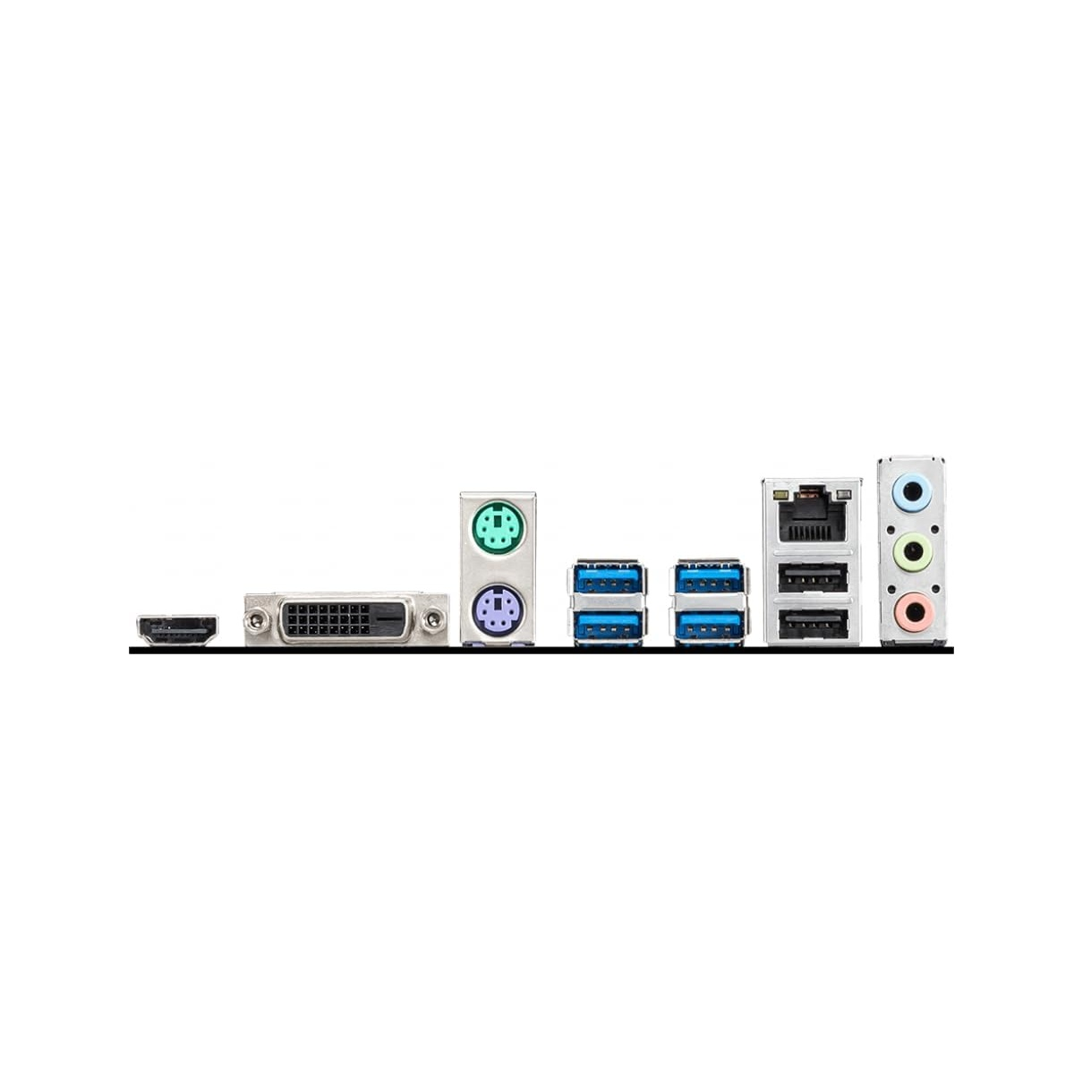 Rückseite eines Computer-Motherboards. Anschlüsse umfassen Audio, USB, HDMI, DVI und Netzwerkverbindungen, mit weißem Hintergrund.