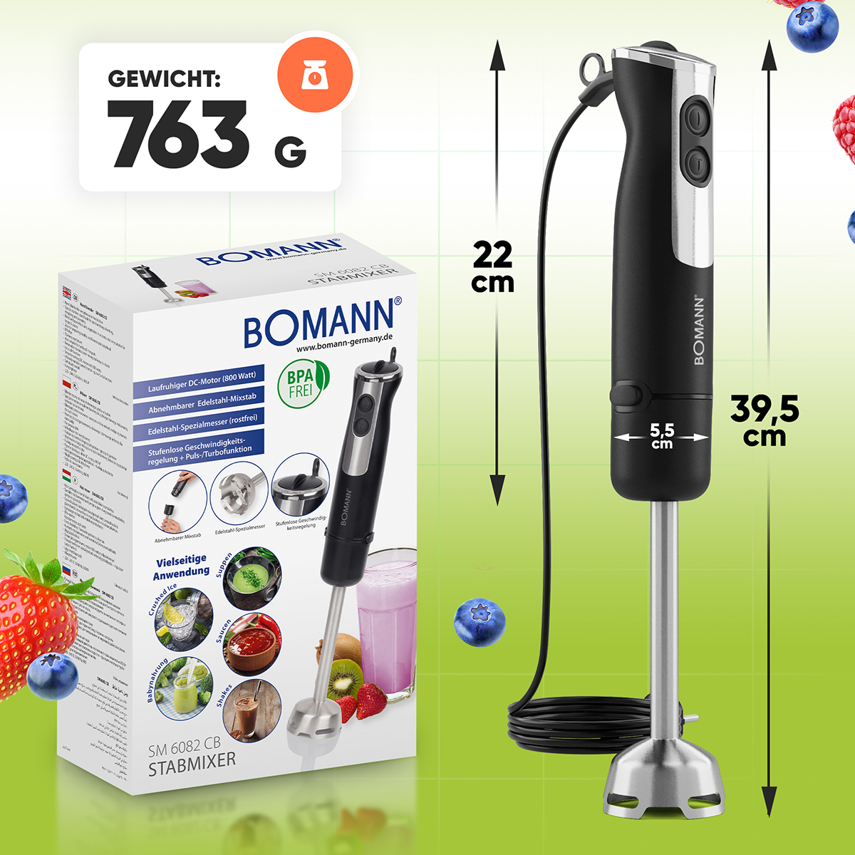 Ein schwarzer und silberner Bomann-Stabmixer wird mit Verpackung, Früchten und Maßen gezeigt. Das Gewicht beträgt 763g.