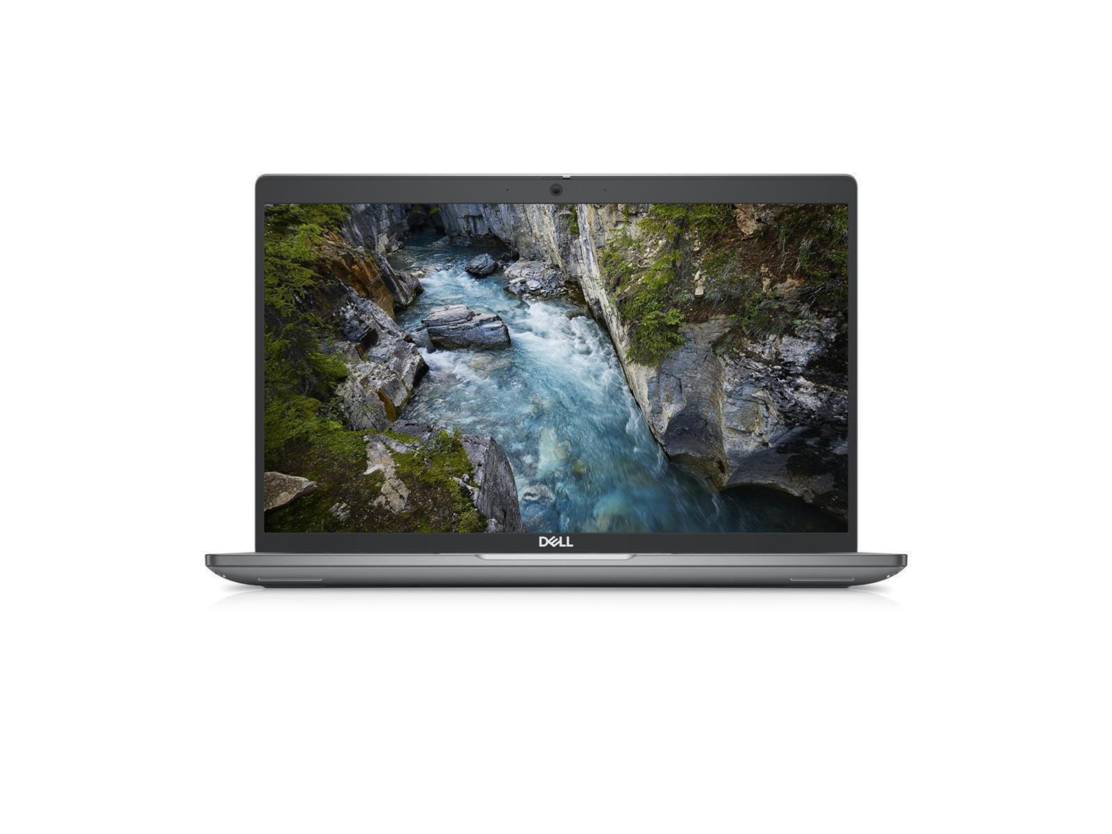 Ein Laptop zeigt einen Fluss, der durch einen Canyon fließt. Der Laptop ist grau und hat das Dell-Logo.