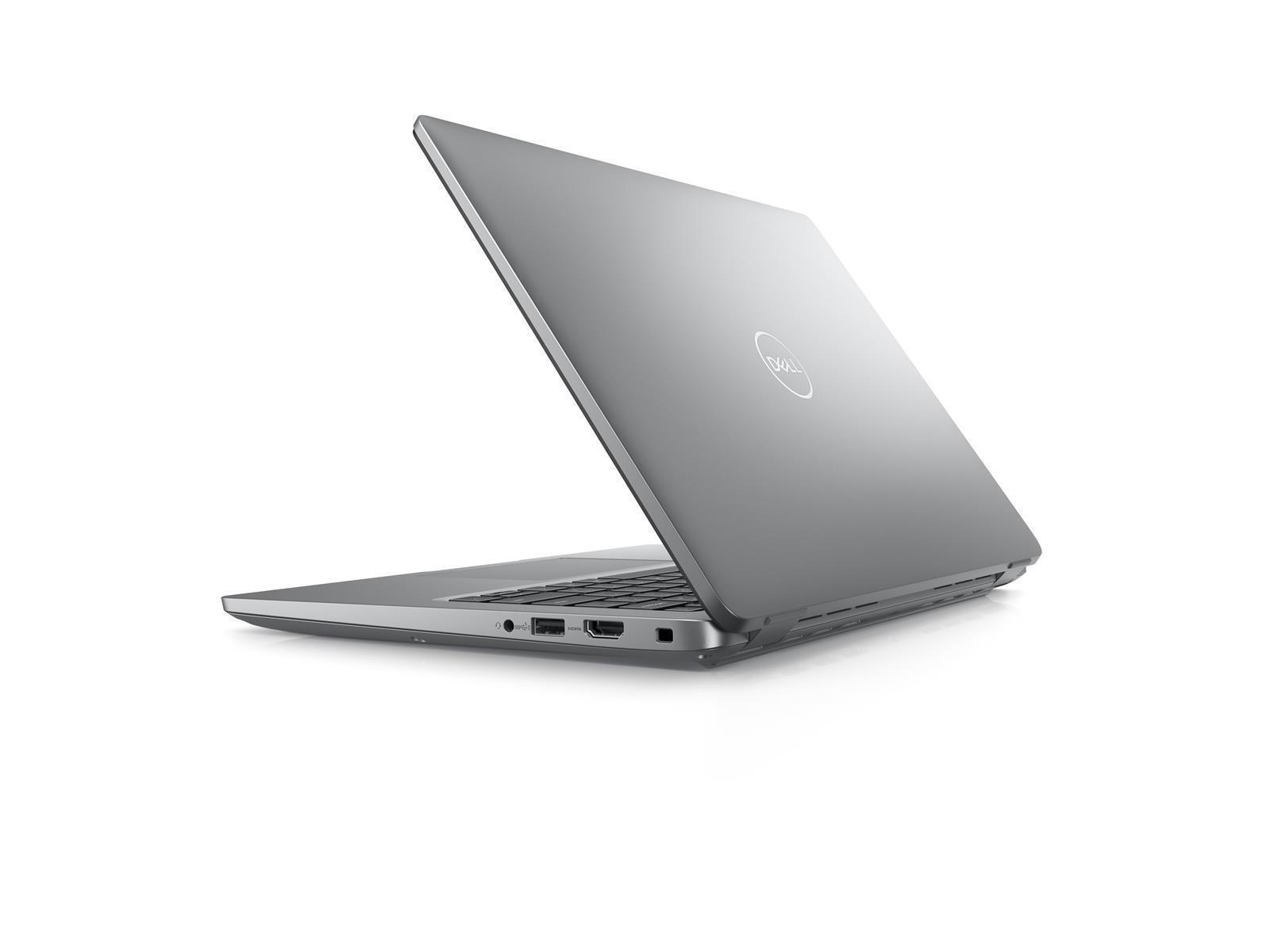 Ein silberner Dell-Laptop ist geöffnet und nach rechts abgewinkelt. Das Dell-Logo ist auf dem Deckel sichtbar. Der Hintergrund ist weiß.