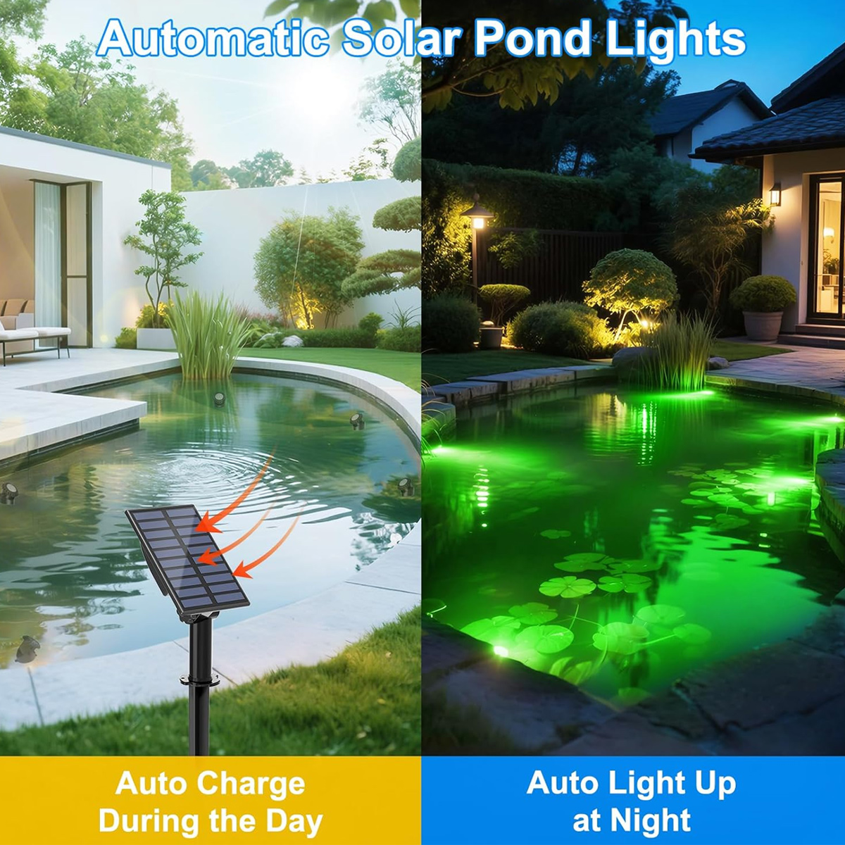 Das Bild zeigt einen Teich mit Solarlichtern. Eine Seite bei Tageslicht, die andere nachts mit grünen Lichtern. Solarpanel im Vordergrund.