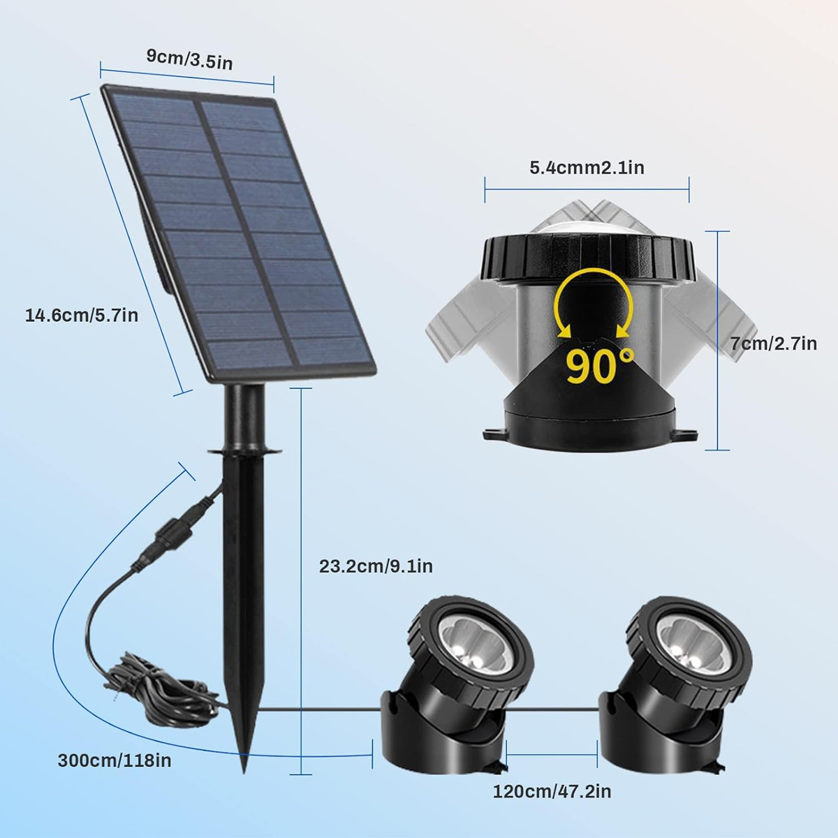 Solarbetriebene Landschaftsbeleuchtung mit Solarpanel, Strahlern und verstellbarem Kopf. Abmessungen sind angegeben.