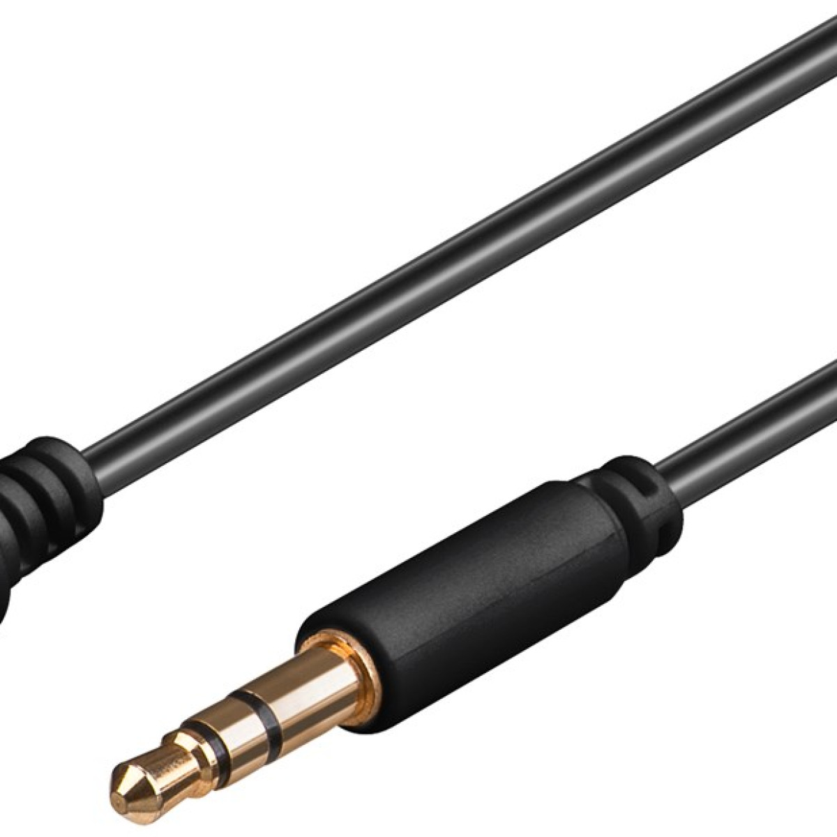 Ein schwarzes Audiokabel mit einem goldfarbenen 3,5-mm-Klinkenstecker. Der Hintergrund ist weiß.