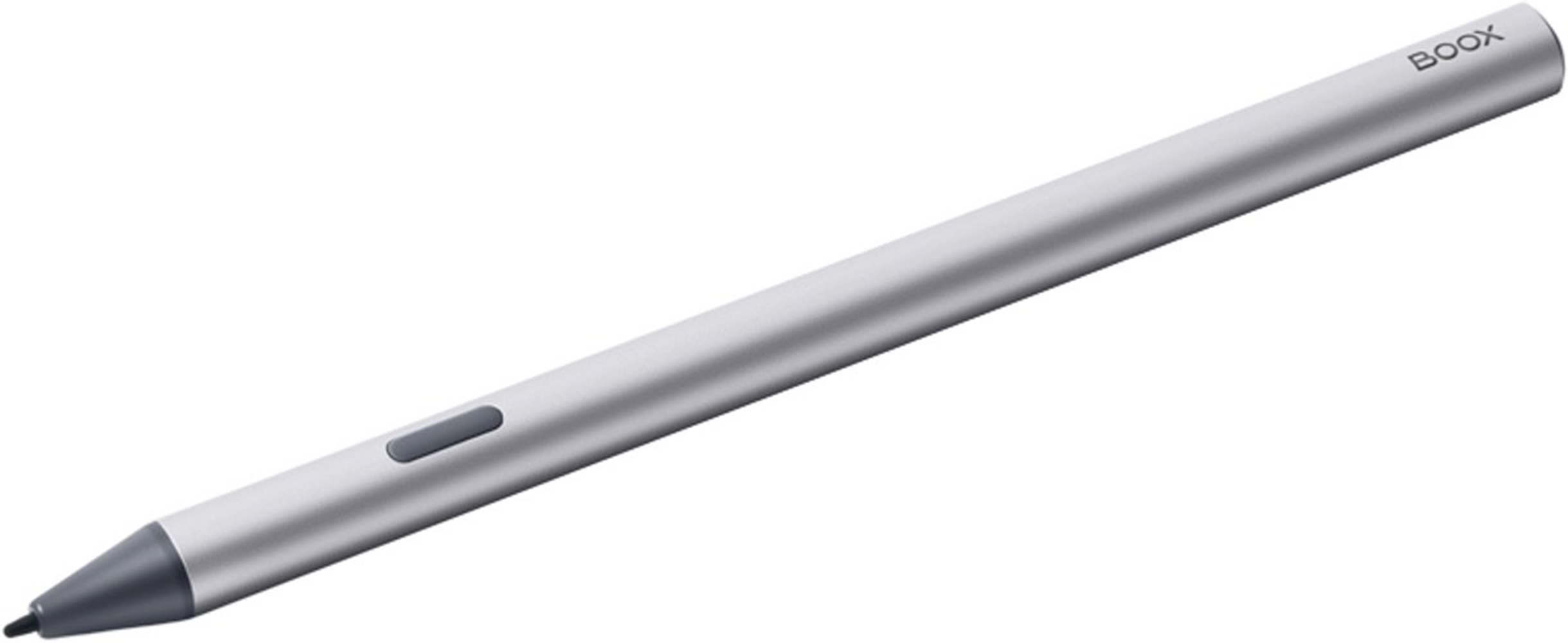 Ein silberner BOOX-Stift mit dunkelgrauer Spitze und Seitentaste, schräg auf weißem Hintergrund.