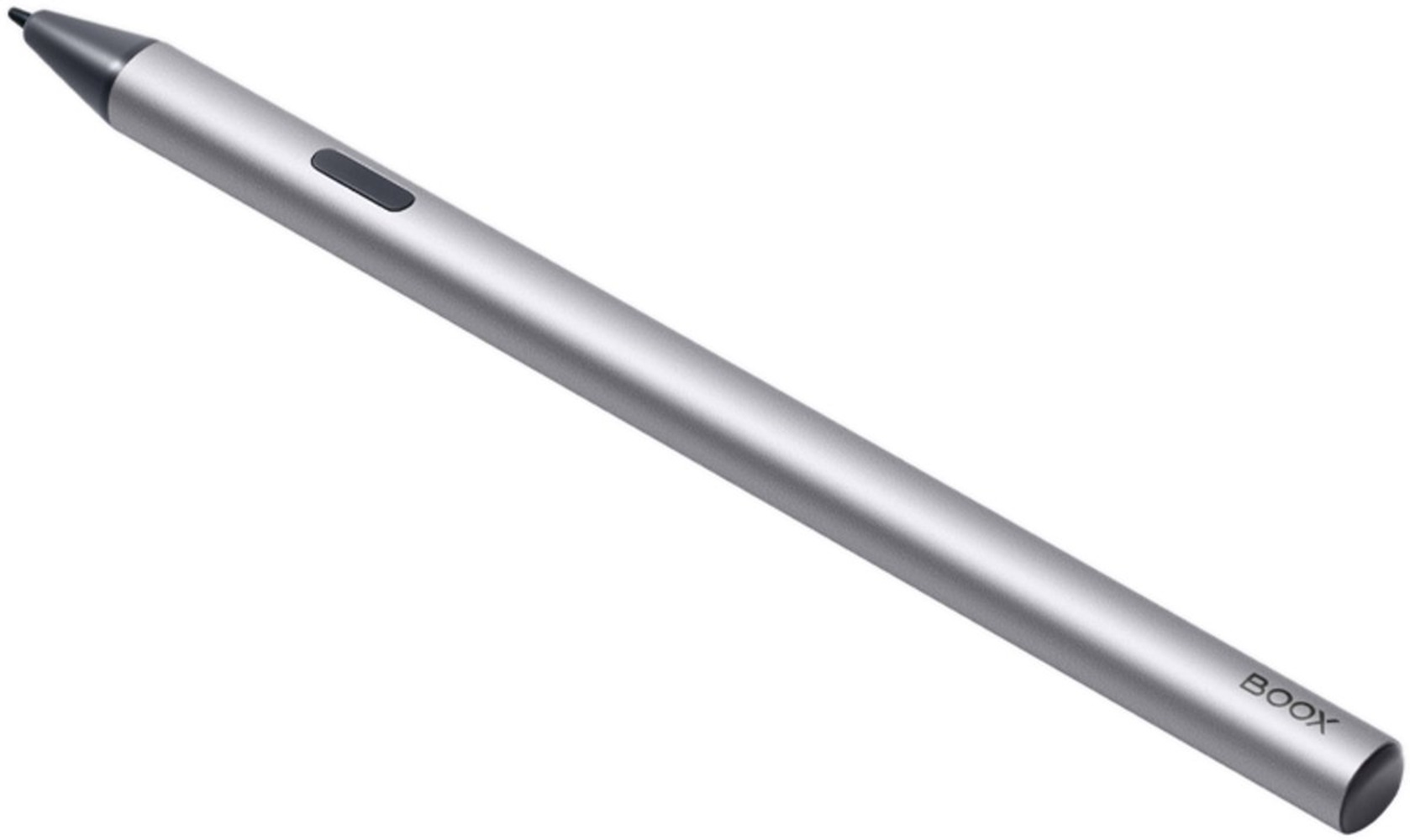 Ein silberner BOOX-Stift liegt diagonal. Er hat eine schwarze Spitze und einen Knopf. Das Wort BOOX ist aufgedruckt.
