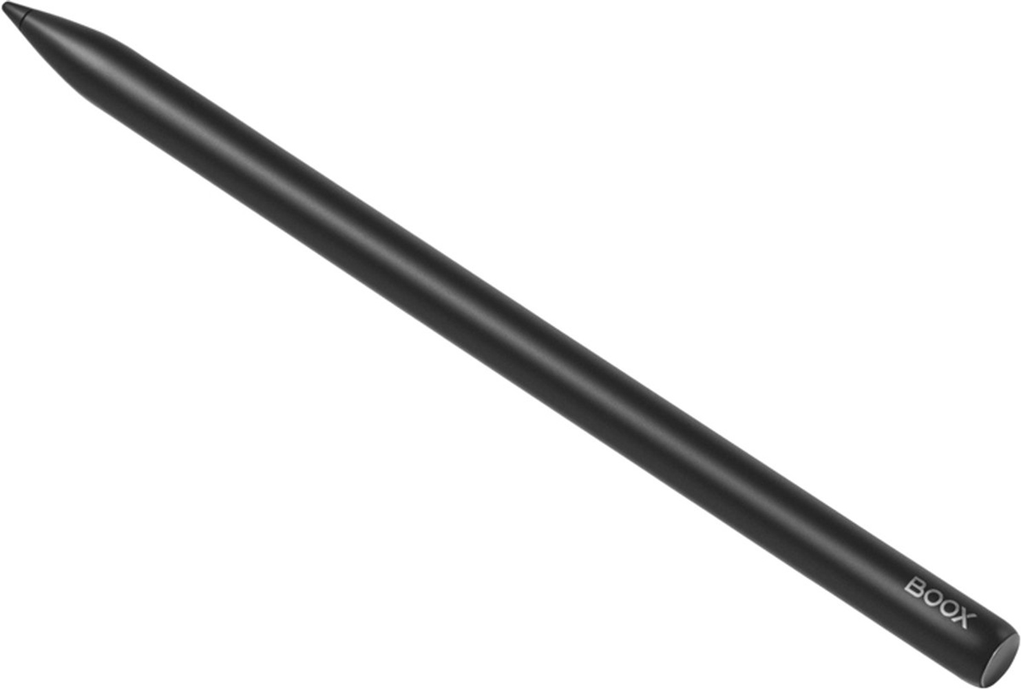 Ein schwarzer Stift, leicht angewinkelt, auf weißem Hintergrund. Das Wort 'BOOX' ist auf dem Stiftkörper aufgedruckt.