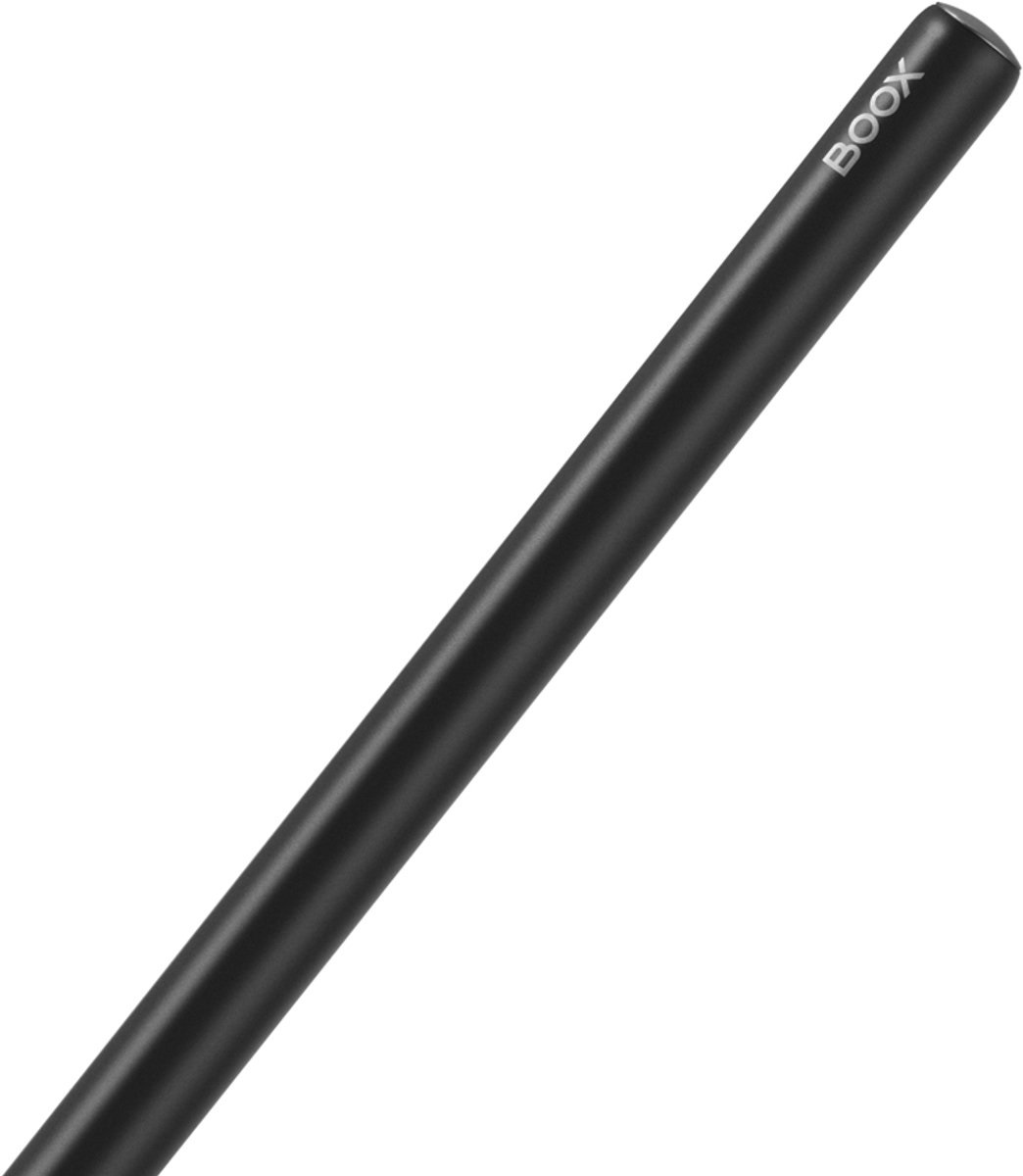 Ein schwarzer Eingabestift mit dem Aufdruck 'BOOX'. Der Stift ist diagonal vor weißem Hintergrund angeordnet.