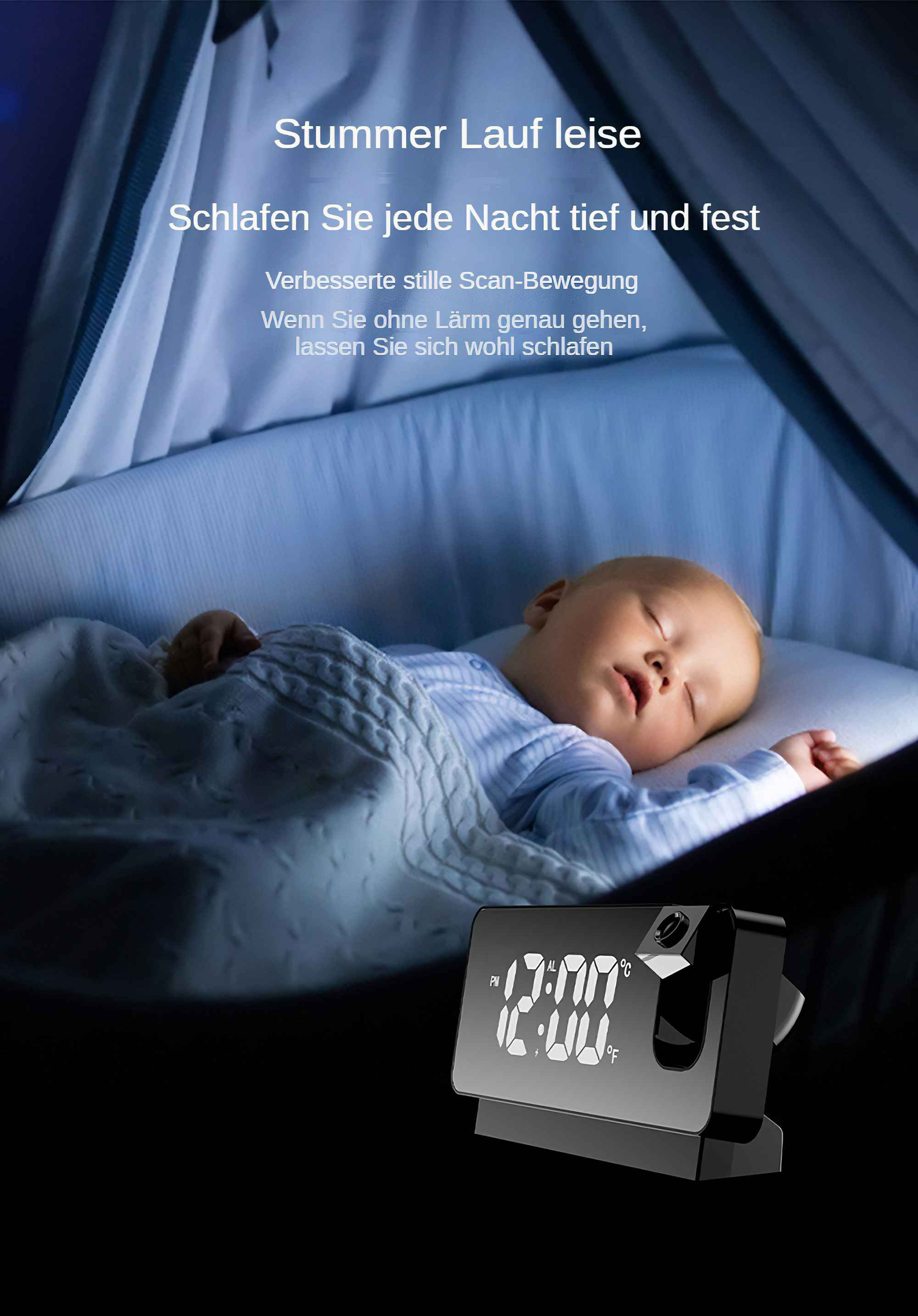 Ein Baby schläft in einem Kinderbett. Eine Digitaluhr zeigt 12:00 Uhr an. Die Szene wirbt für geräuschlosen Betrieb.