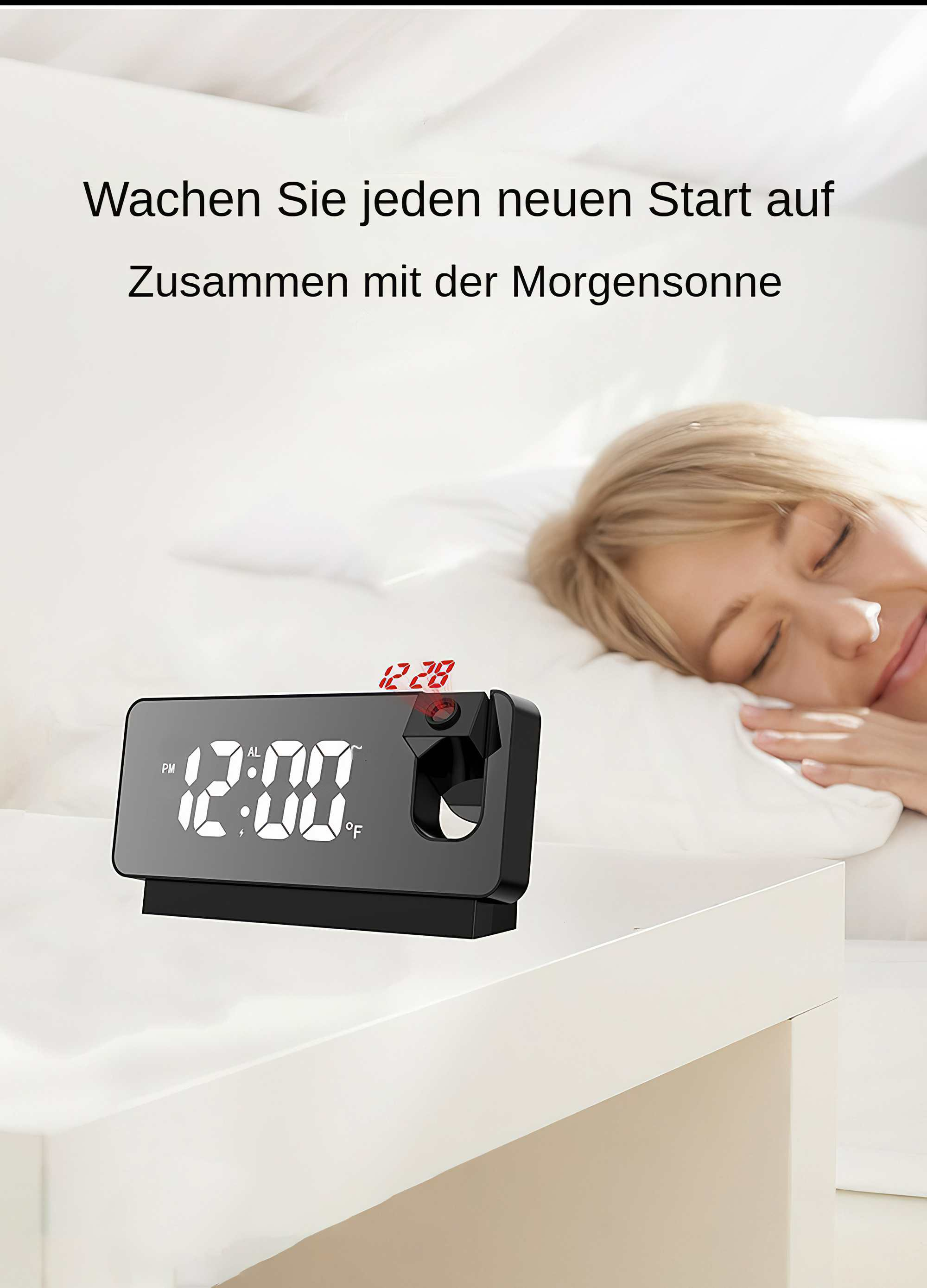 Eine Digitaluhr zeigt 12:00 Uhr an, eine Frau schläft im Bett. Die Szene hat weiße Bettwäsche, eine schwarze Uhr und einen weißen Tisch.