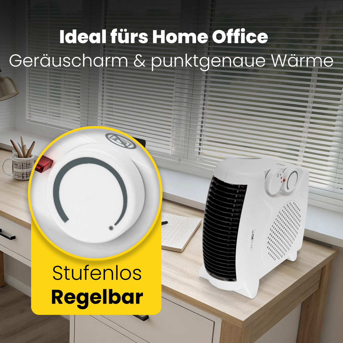 Ein weißer elektrischer Heizlüfter auf einem Holzschreibtisch. Der Heizlüfter hat ein schwarzes Gitter und Bedienknöpfe.