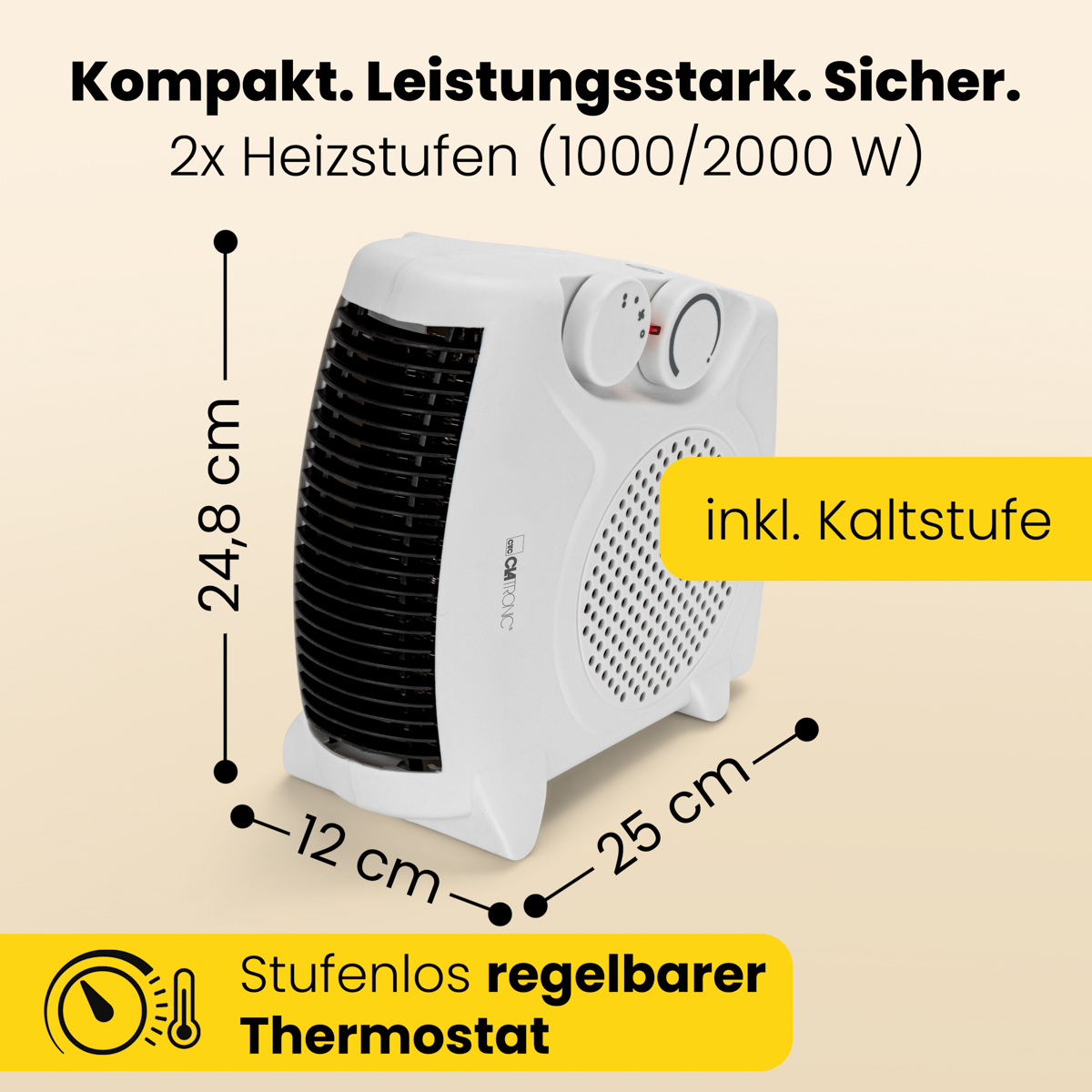 Weißer elektrischer Heizlüfter mit schwarzen Lüftungsschlitzen. Merkmale: Thermostat, zwei Heizstufen, Kaltluftstufe und Größenangaben.