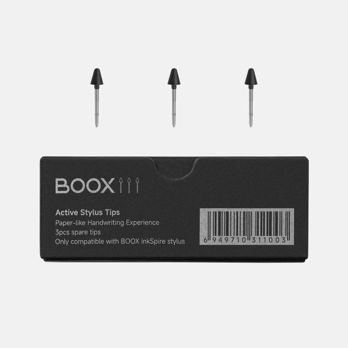 Tre punte per stilo nere sopra una scatola nera con scritto BOOX, Active Stylus Tips e 3 punte di ricambio. Codice a barre visibile.