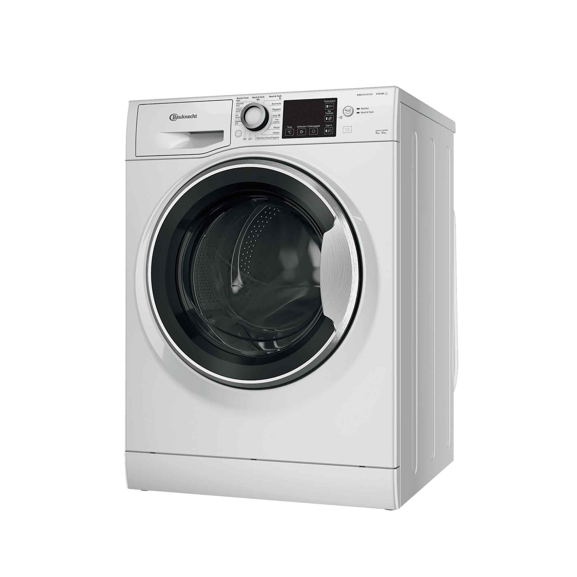 Eine weiße Bauknecht-Waschmaschine. Sie hat ein Bedienfeld mit Knöpfen und eine runde Tür. Die Maschine steht vor weißem Hintergrund.