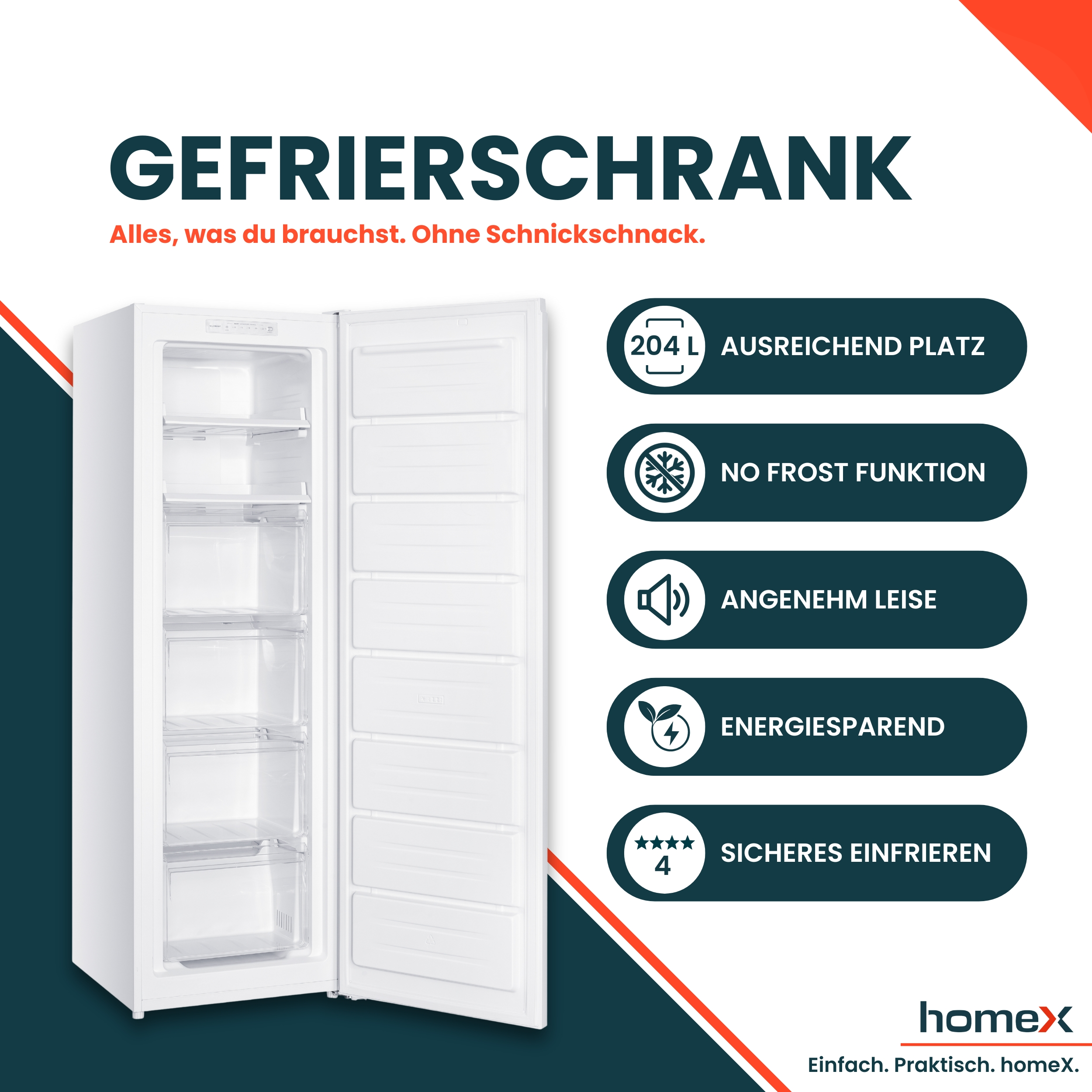 Weißer Gefrierschrank mit offener Tür, mit Regalen und Schubladen. Text enthält Merkmale und den Markennamen.