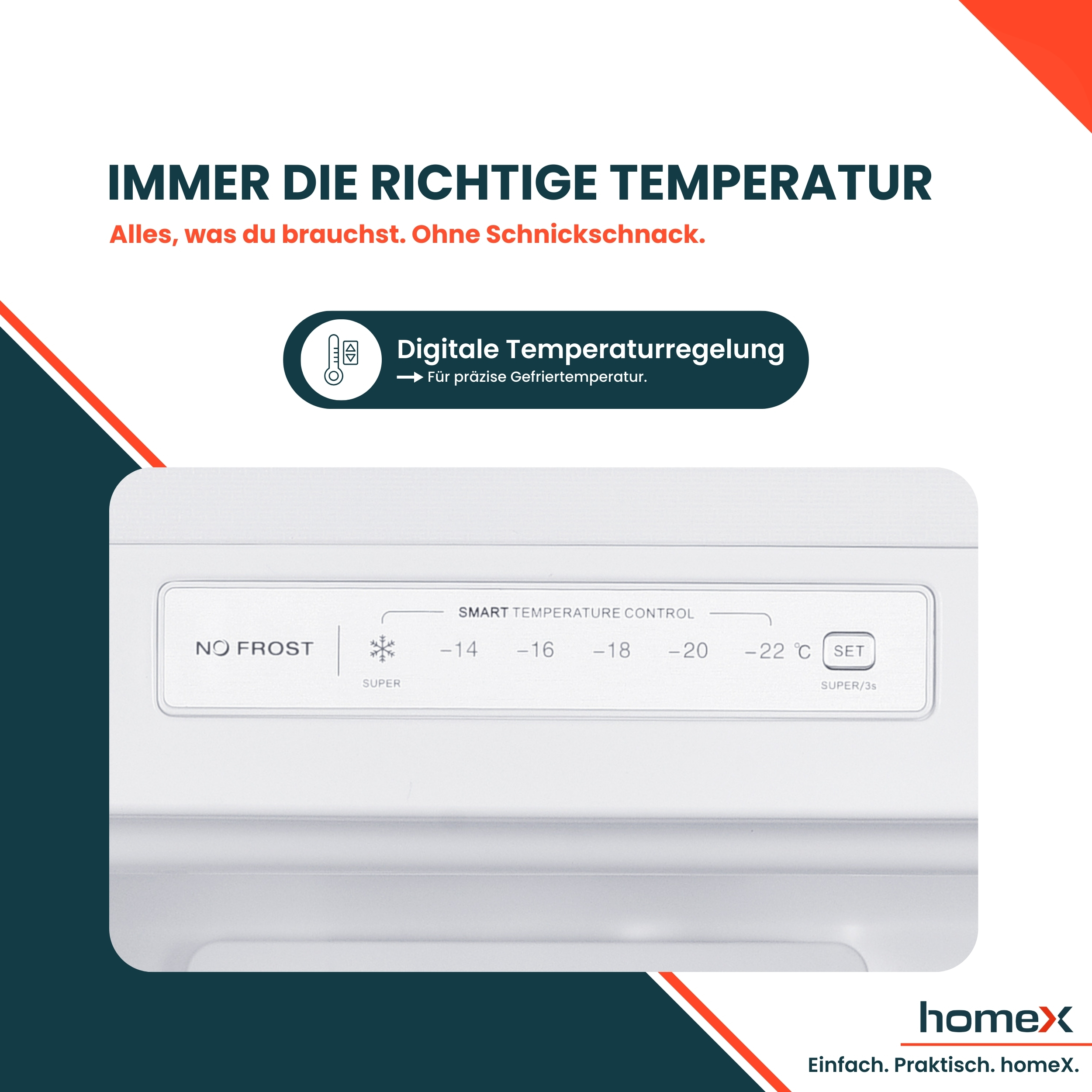Eine weiße Kühlschrankplatte mit Temperaturreglern. Text in Deutsch bewirbt digitale Temperaturregelung.