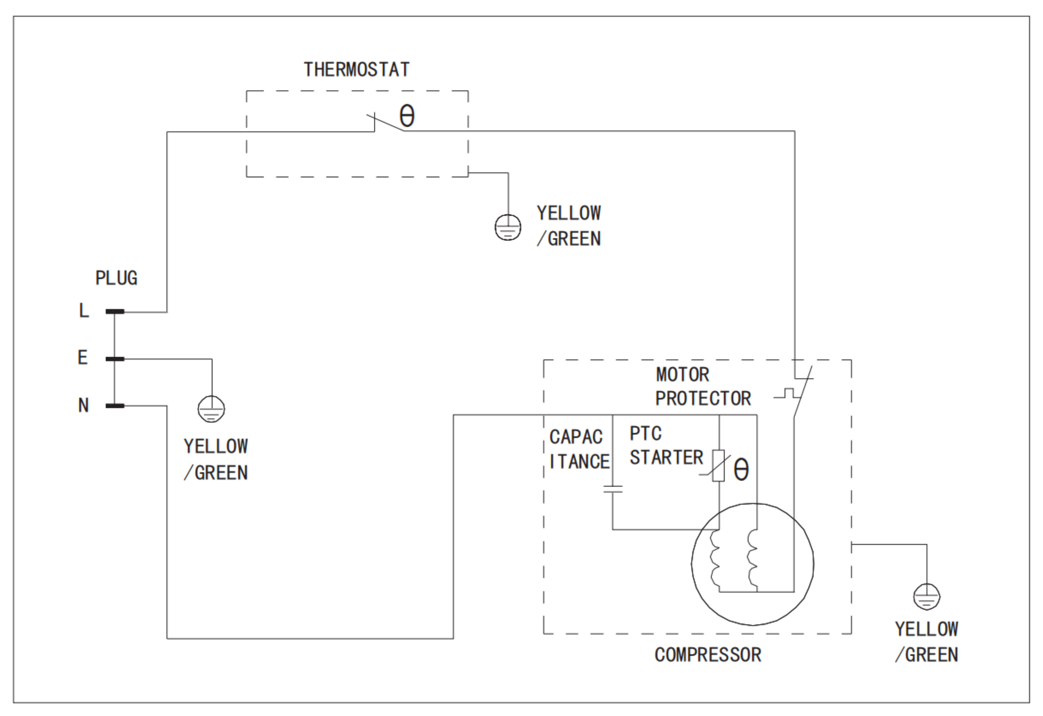 Schéma électrique avec prise, thermostat, compresseur et protecteur moteur. Fils avec étiquettes.