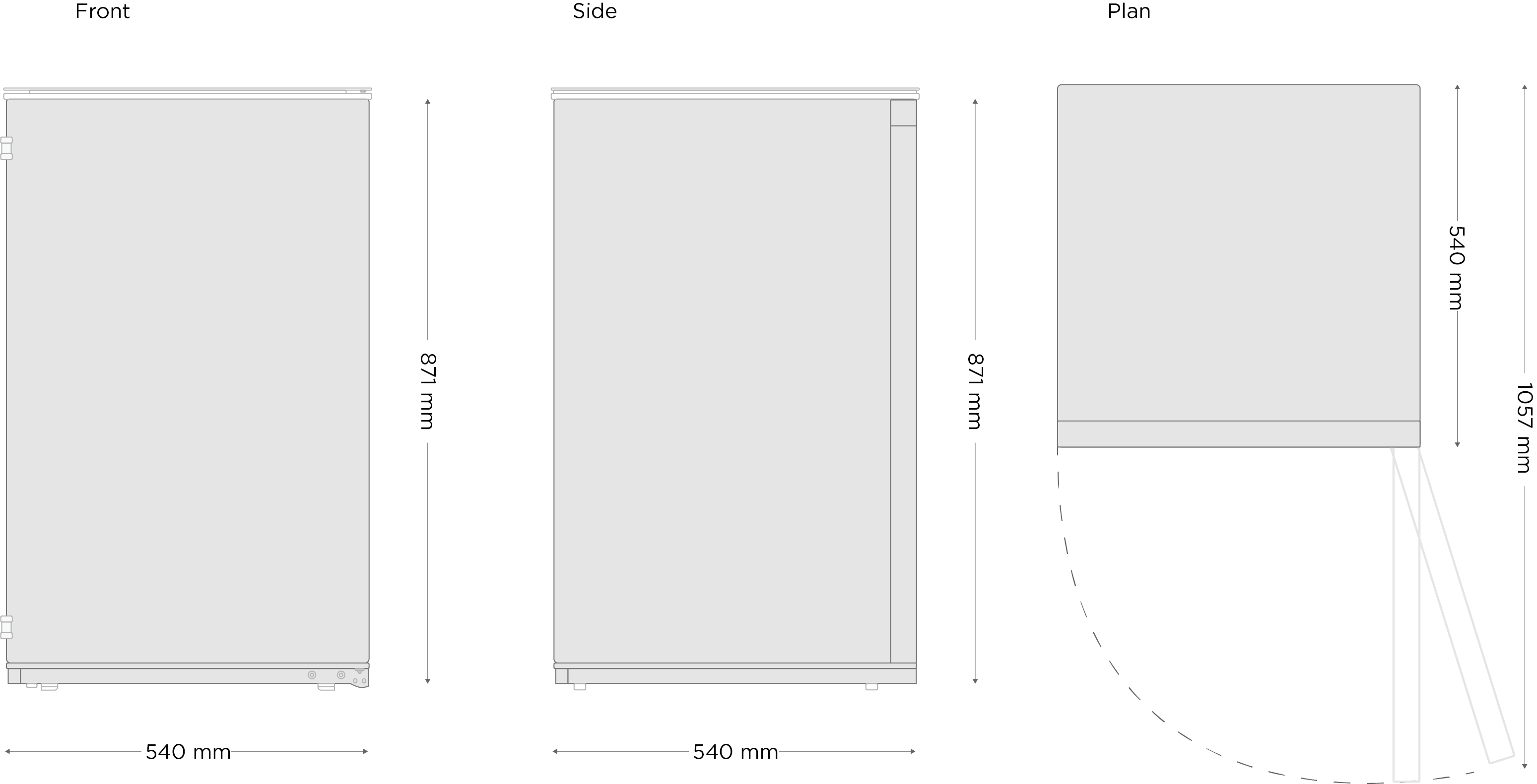 Diagramme d'un réfrigérateur, indiquant les dimensions et l'ouverture de la porte. Le réfrigérateur mesure 540 mm de large et 871 mm de haut.