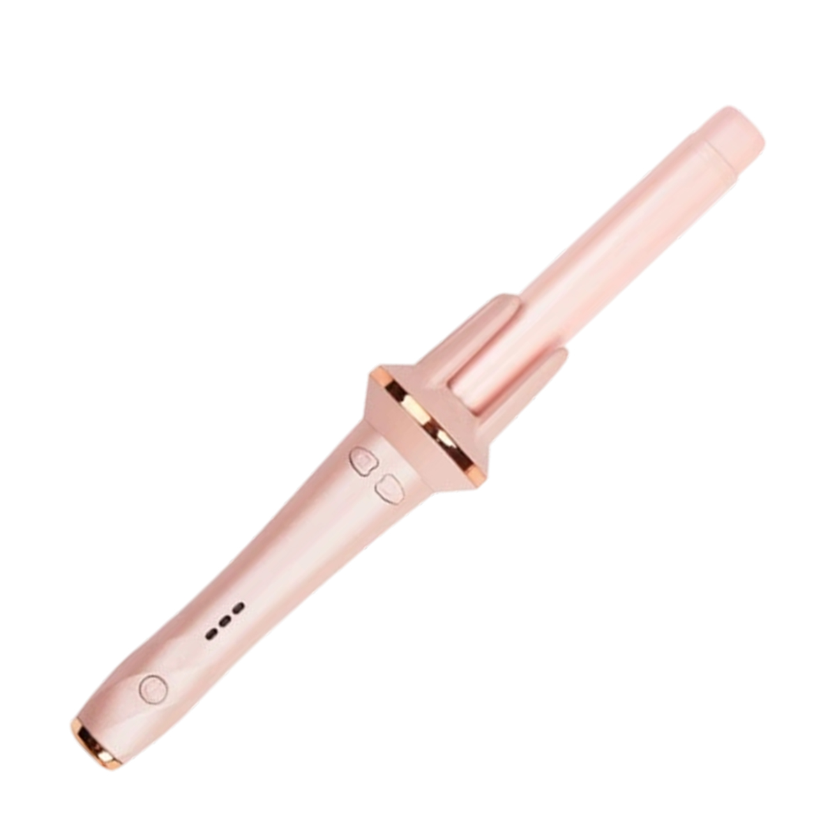 Ein roségoldener Lockenstab auf weißem Hintergrund. Er hat einen langen Griff mit Knöpfen und einen Lockenkopf.