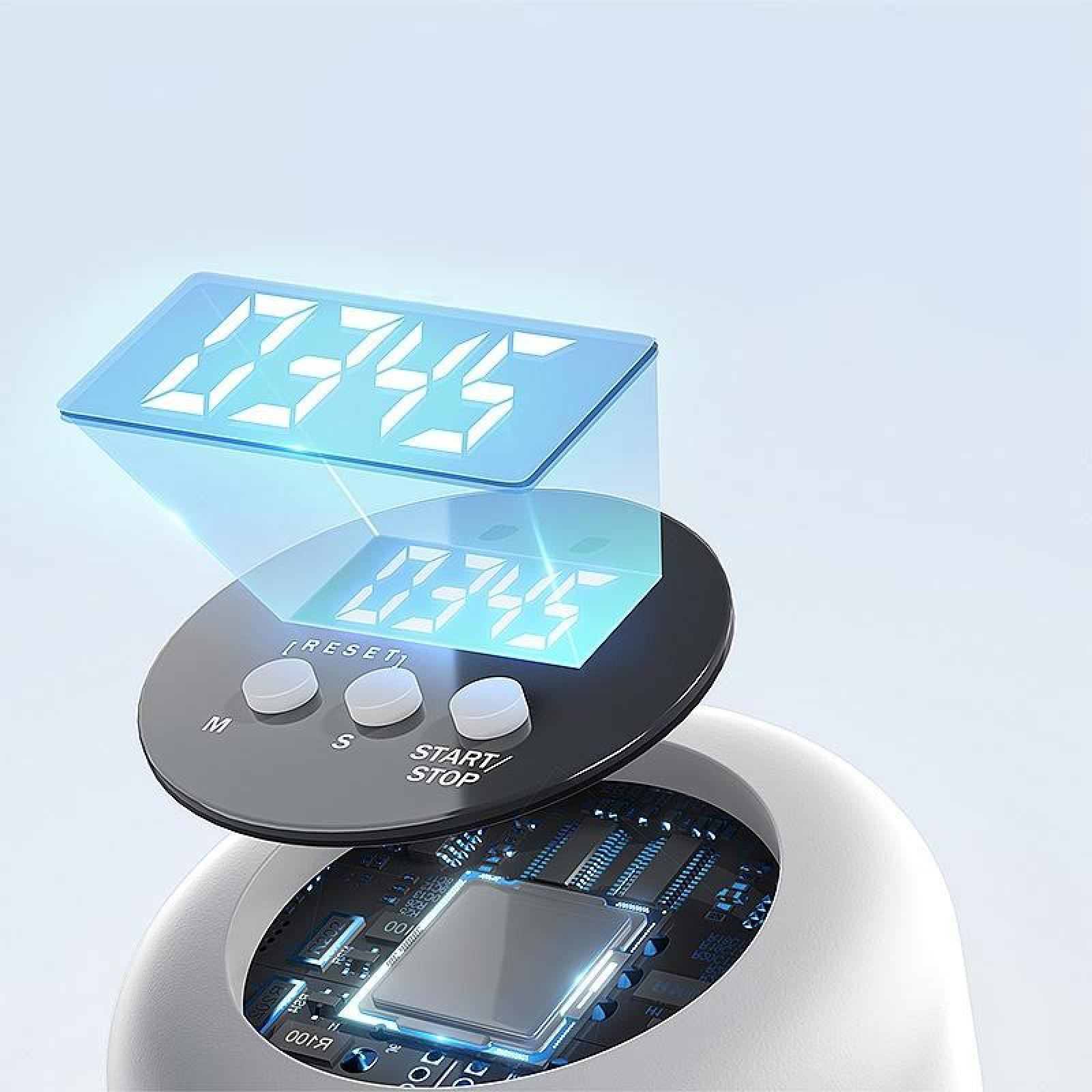 Ein digitaler Küchentimer zeigt 03:45 an. Er hat drei Tasten und eine Platine. Der Hintergrund ist weiß und blau.