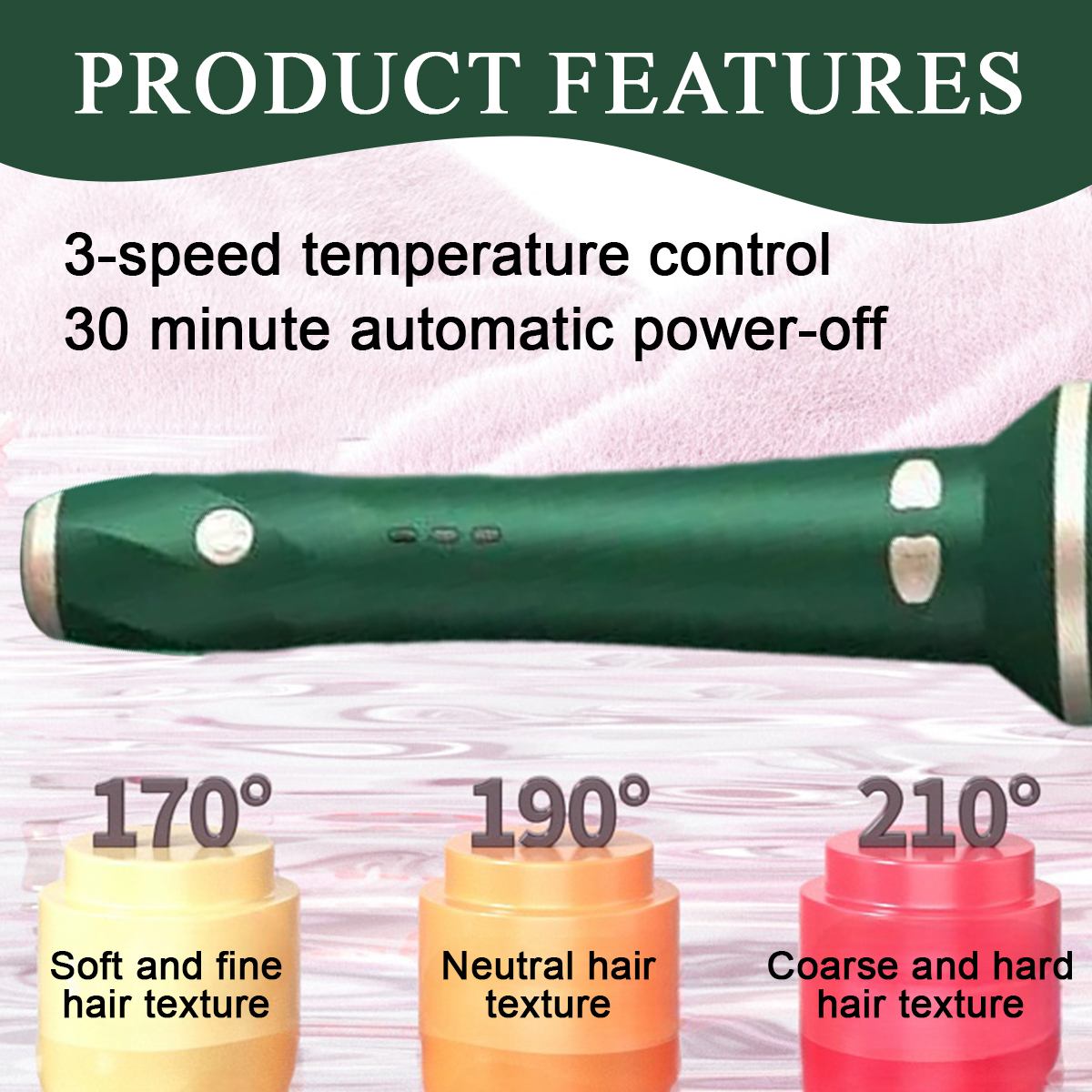 Grüner Haarstyler mit Temperatureinstellungen: 170°, 190° und 210°. Texturen: weiches, neutrales und grobes Haar. Merkmale: 3-Gang-Steuerung.