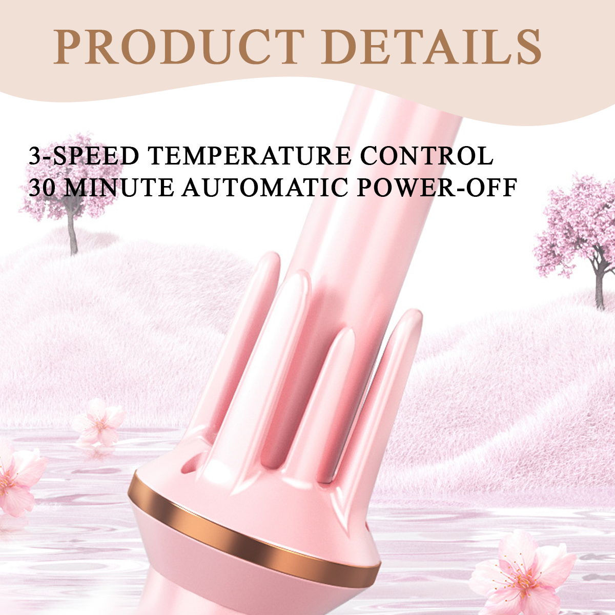Ein rosa Haarwerkzeug mit goldenem Band. Es steht 'Produktdetails' und '3-Stufen-Temperaturregelung' und '30 Minuten automatische Abschaltung'.