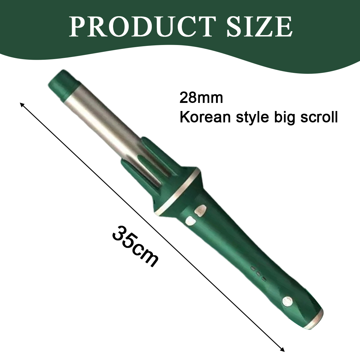 Ein grünes und silbernes Lockenstab. Der Text gibt 28 mm, koreanischen Stil und 35 cm Länge an.