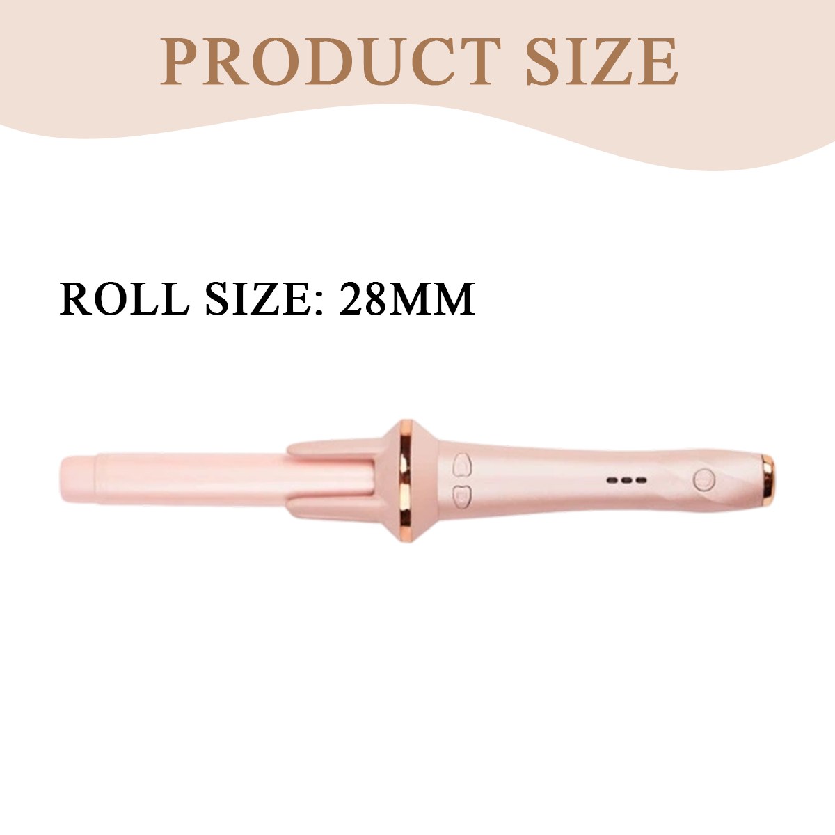 Das Bild zeigt einen rosafarbenen Lockenstab mit goldenen Akzenten. Der Text oben lautet 'PRODUCT SIZE' und 'ROLL SIZE: 28MM'.