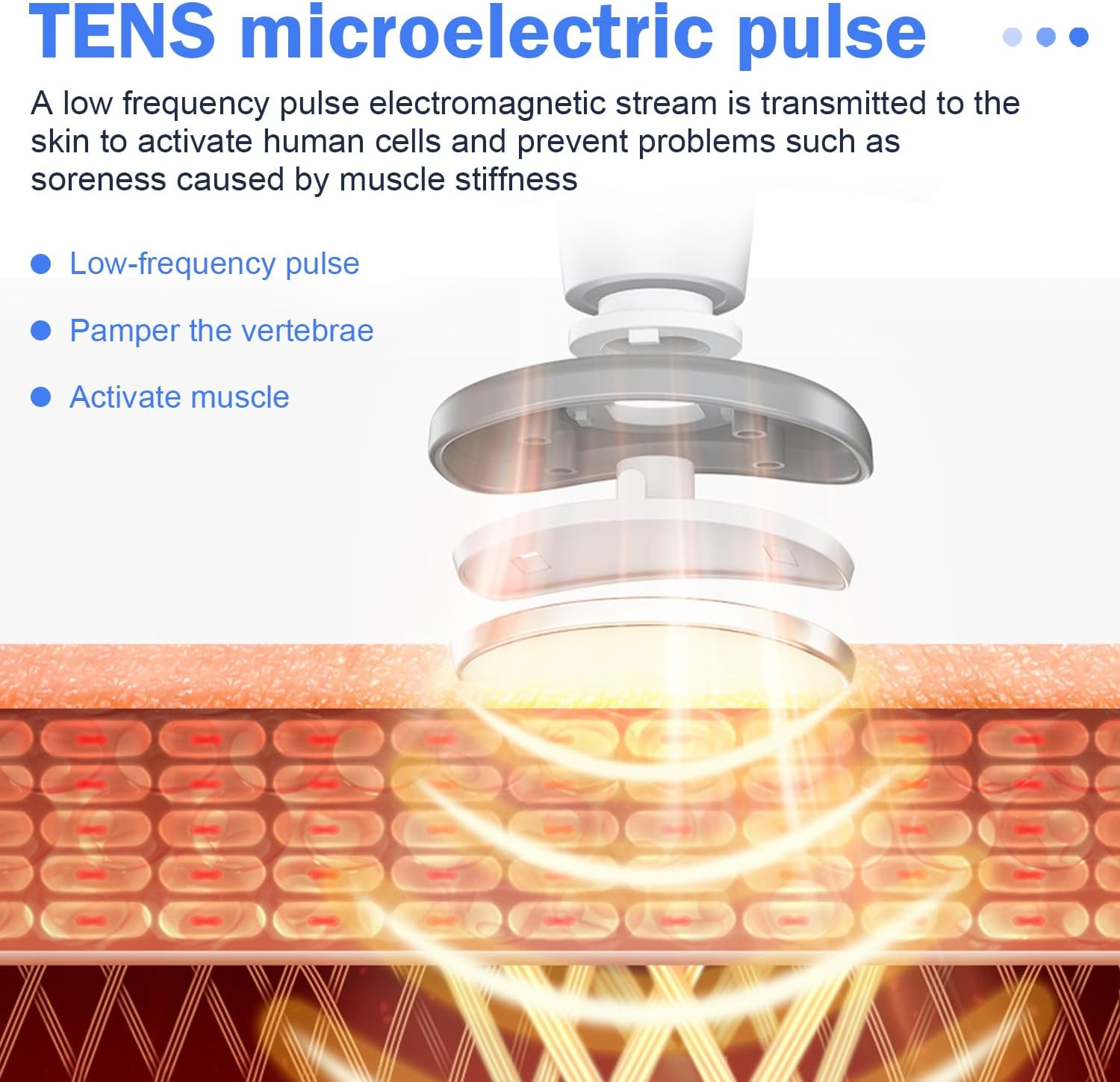 Diagramm, das ein TENS-Gerät zeigt, das elektromagnetische Impulse an Hautschichten sendet. Das Gerät ist weiß und silber.