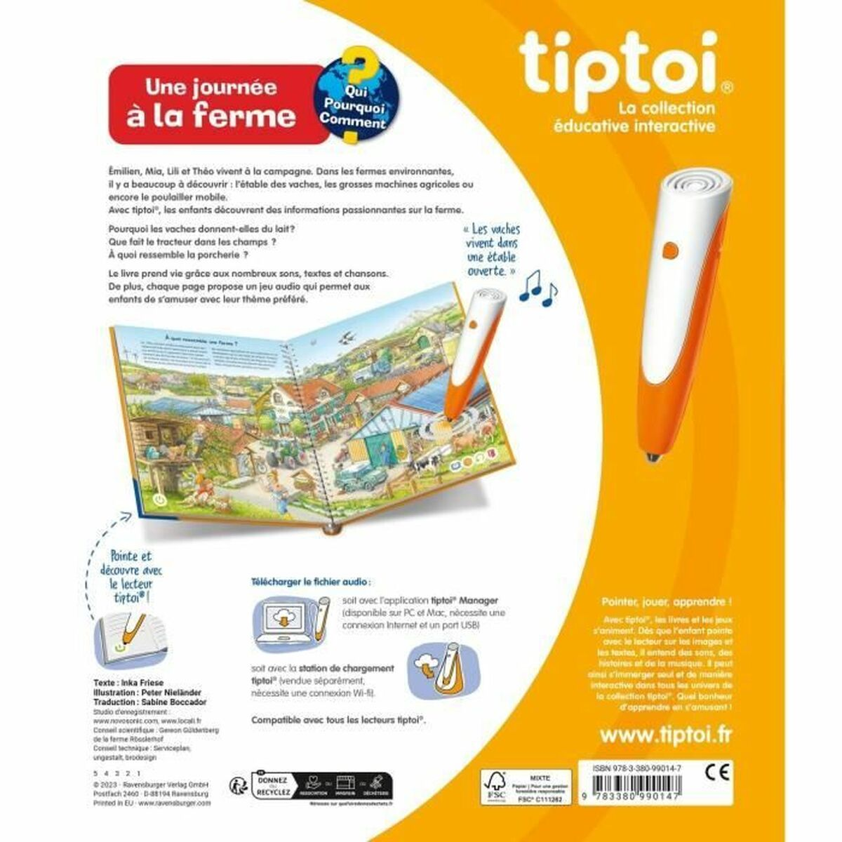 Un libro con una penna arancione. Il libro mostra una scena di fattoria. Il testo in francese descrive la fattoria e l'apprendimento interattivo.