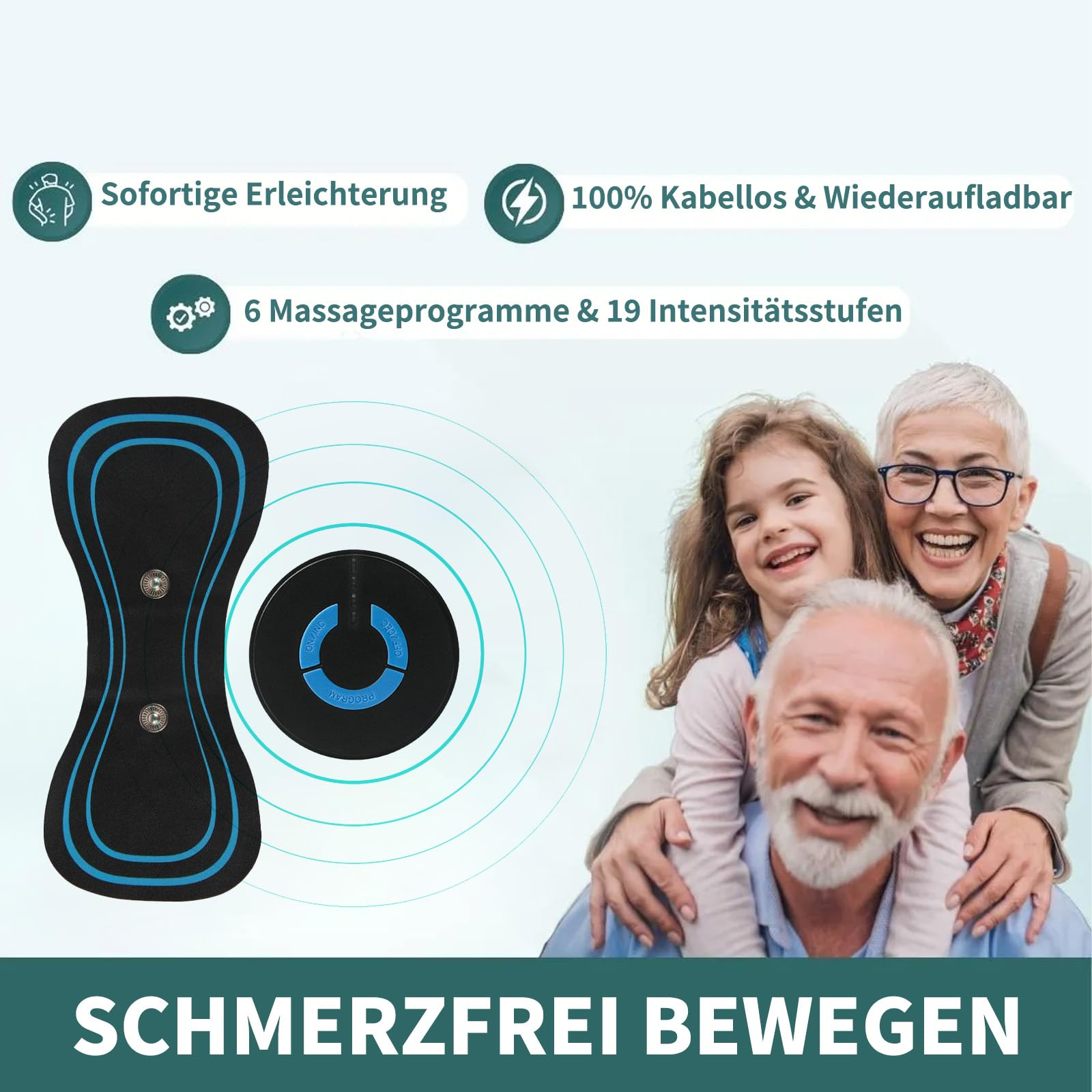 Das Bild zeigt ein Schmerzlinderungsmittel und eine Familie. Der Text hebt Schmerzlinderung, kabellos und mehrere Massageprogramme hervor.
