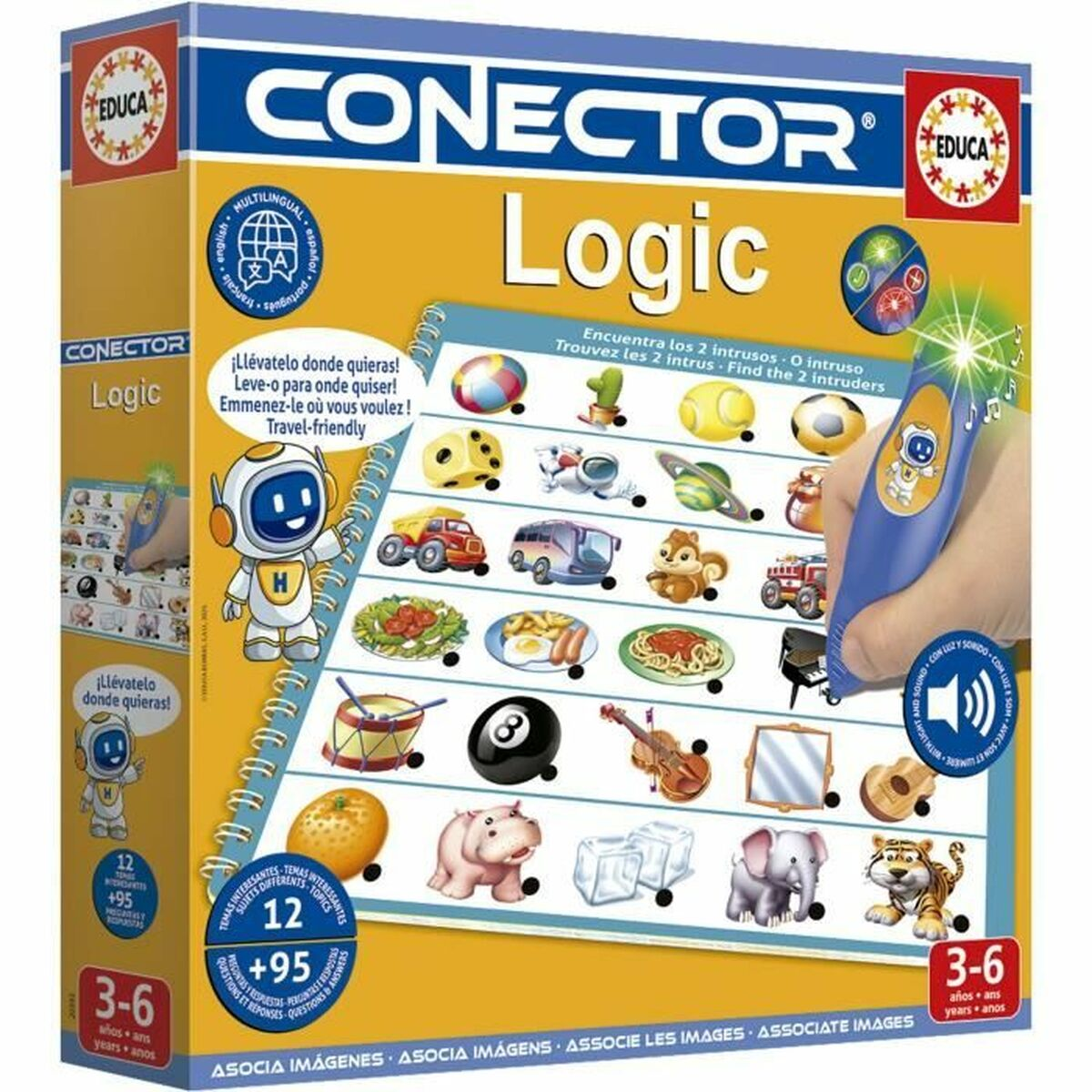 Una scatola blu con 'CONECTOR Logic'. Contiene immagini di oggetti e una penna blu.