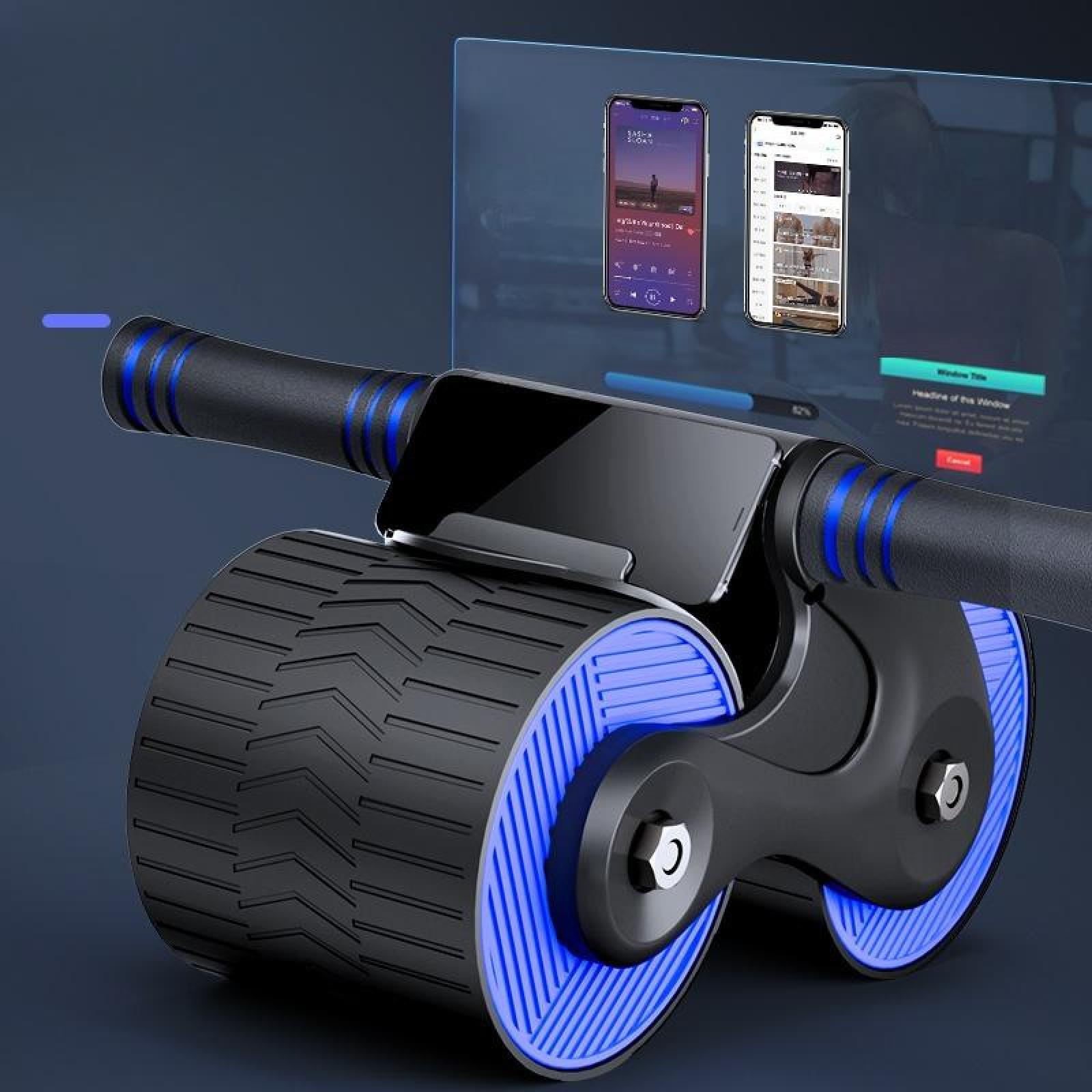 Ein Bauchmuskeltrainer mit Telefonhalter, zwei Bildschirmen mit App-Oberflächen und blauen Akzenten. Die Rolle hat zwei Räder und einen schwarzen Griff.