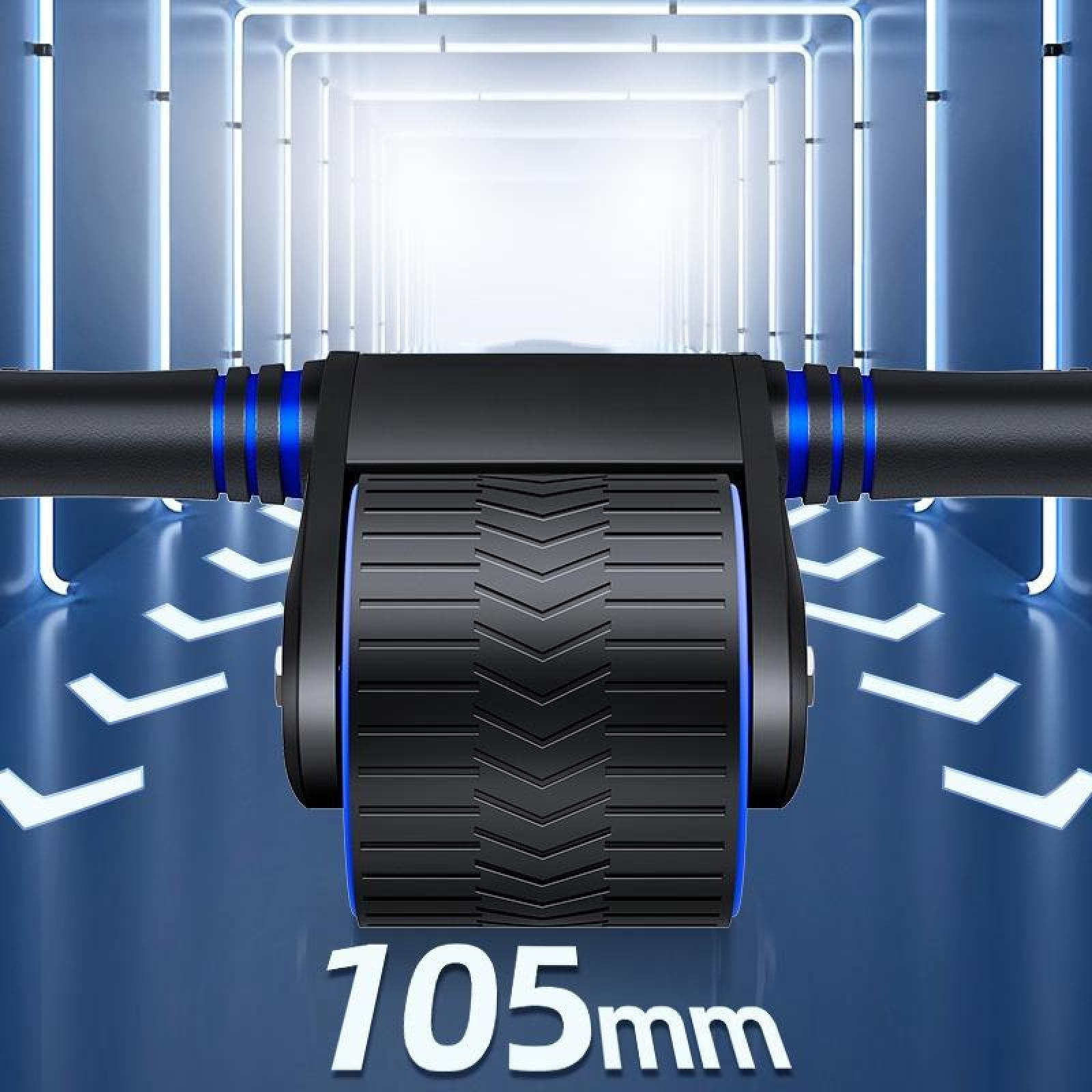 Ein Bauchmuskeltrainer mit blauen Akzenten ist vor einem blauen Hintergrund mit einem futuristischen Tunneleffekt zentriert. Der Text '105mm' ist unten.