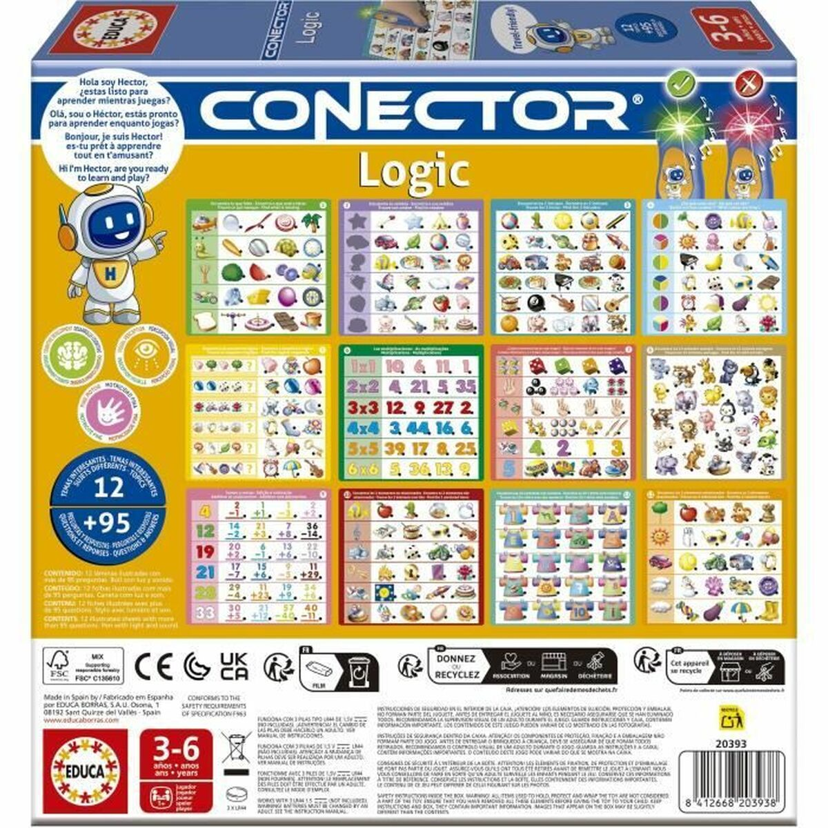 Scatola del gioco 'Conector Logic'. Mostra dettagli, grafica colorata e un personaggio robot dei cartoni animati.