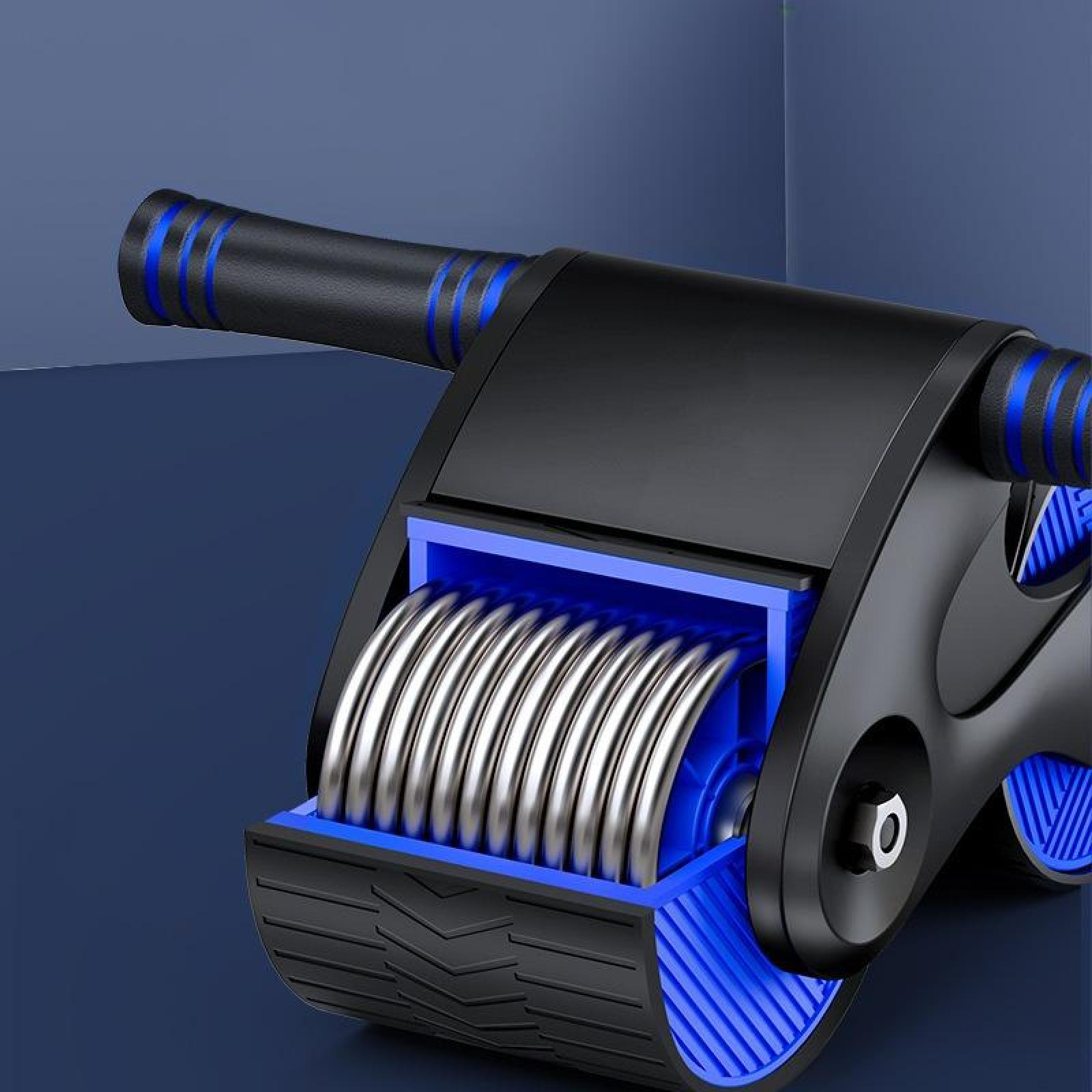 Ein Bauchmuskeltrainer-Übungsgerät. Schwarz und Blau dominieren. Es hat ein zentrales Rad mit Metallfedern und Griffen.
