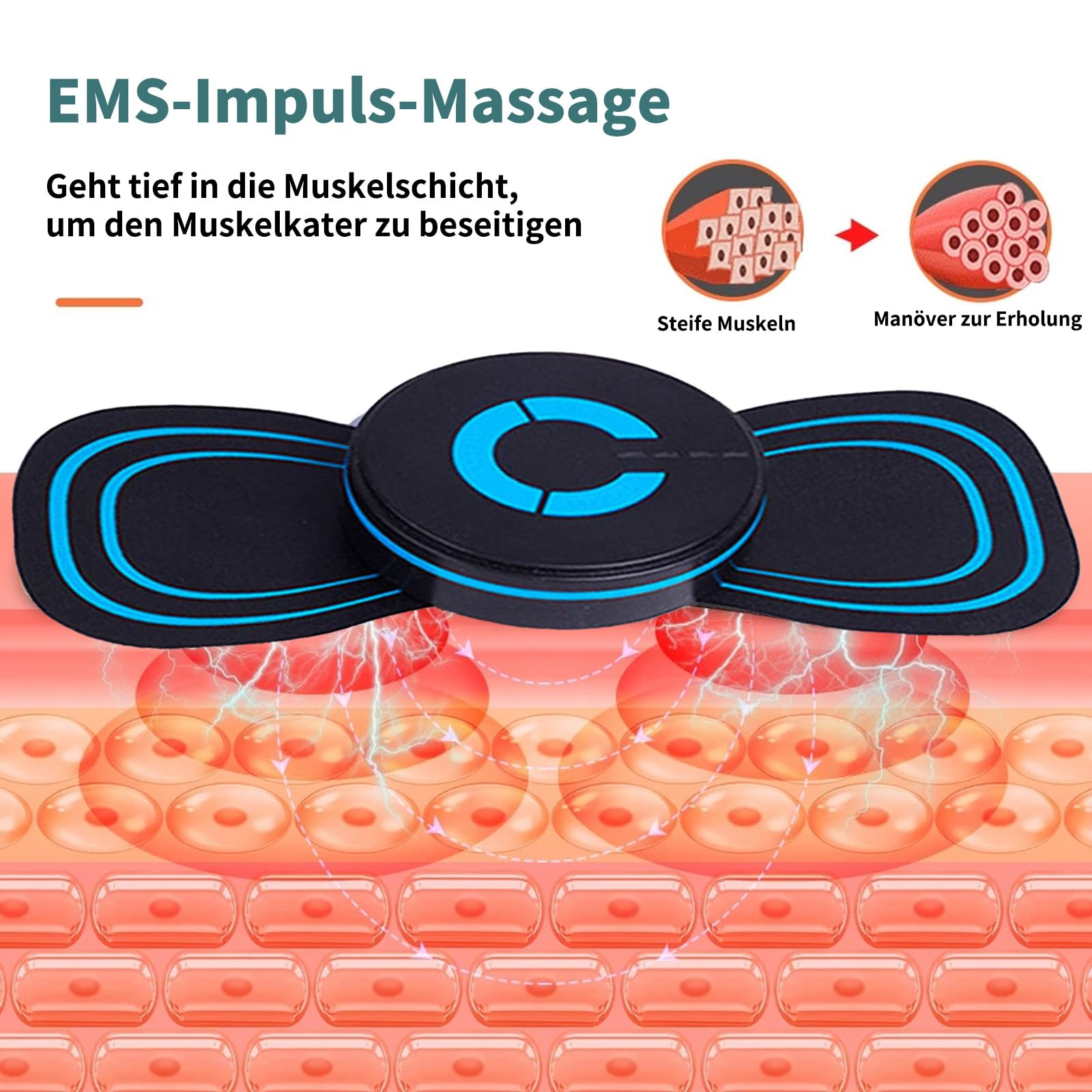 Das Bild zeigt ein EMS-Massagegerät. Es zeigt ein schwarzes Gerät mit blauen Akzenten und Diagrammen der Muskelbehandlung.