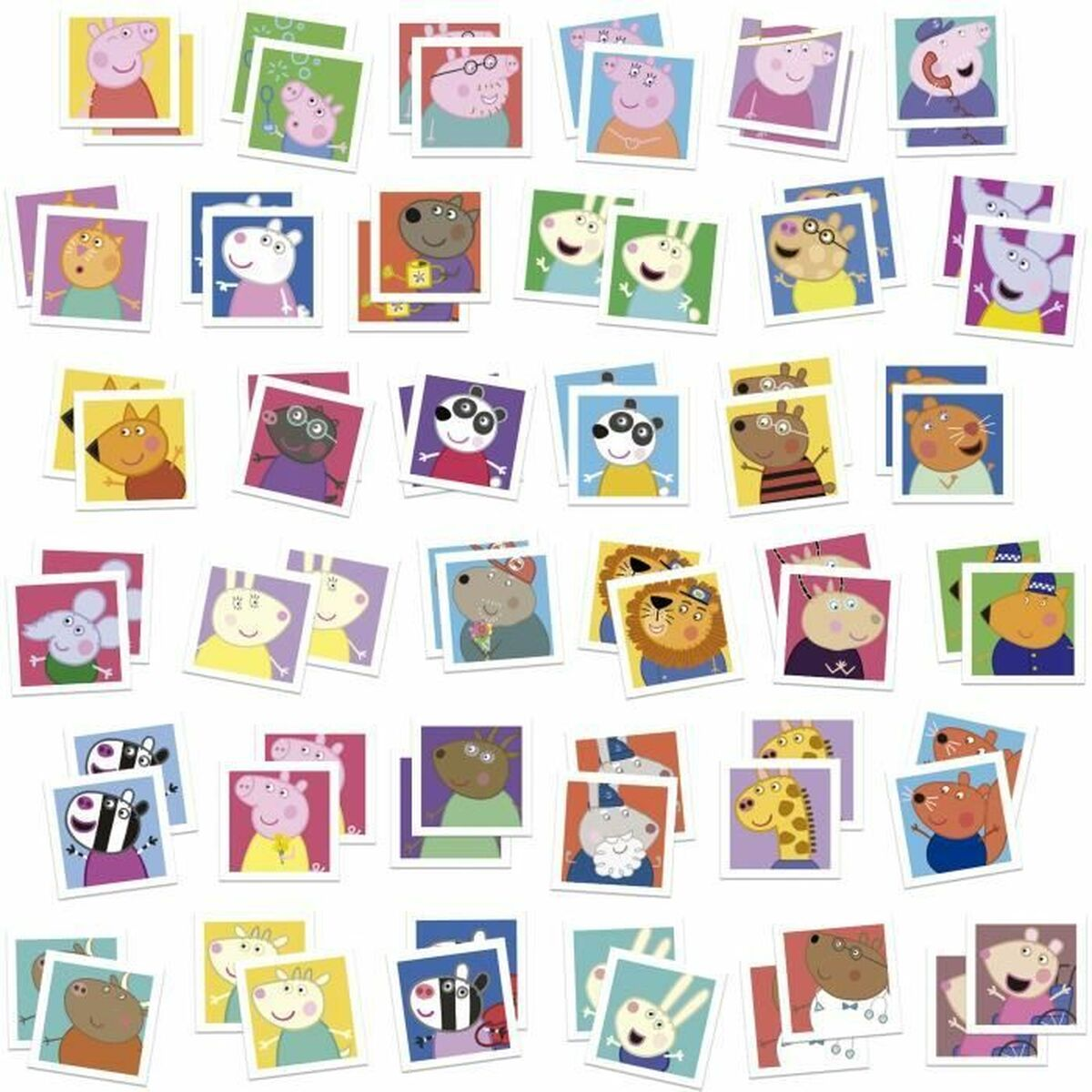 Una collezione di carte quadrate con personaggi dei cartoni animati, principalmente animali della serie Peppa Pig, sparsi su una superficie bianca.