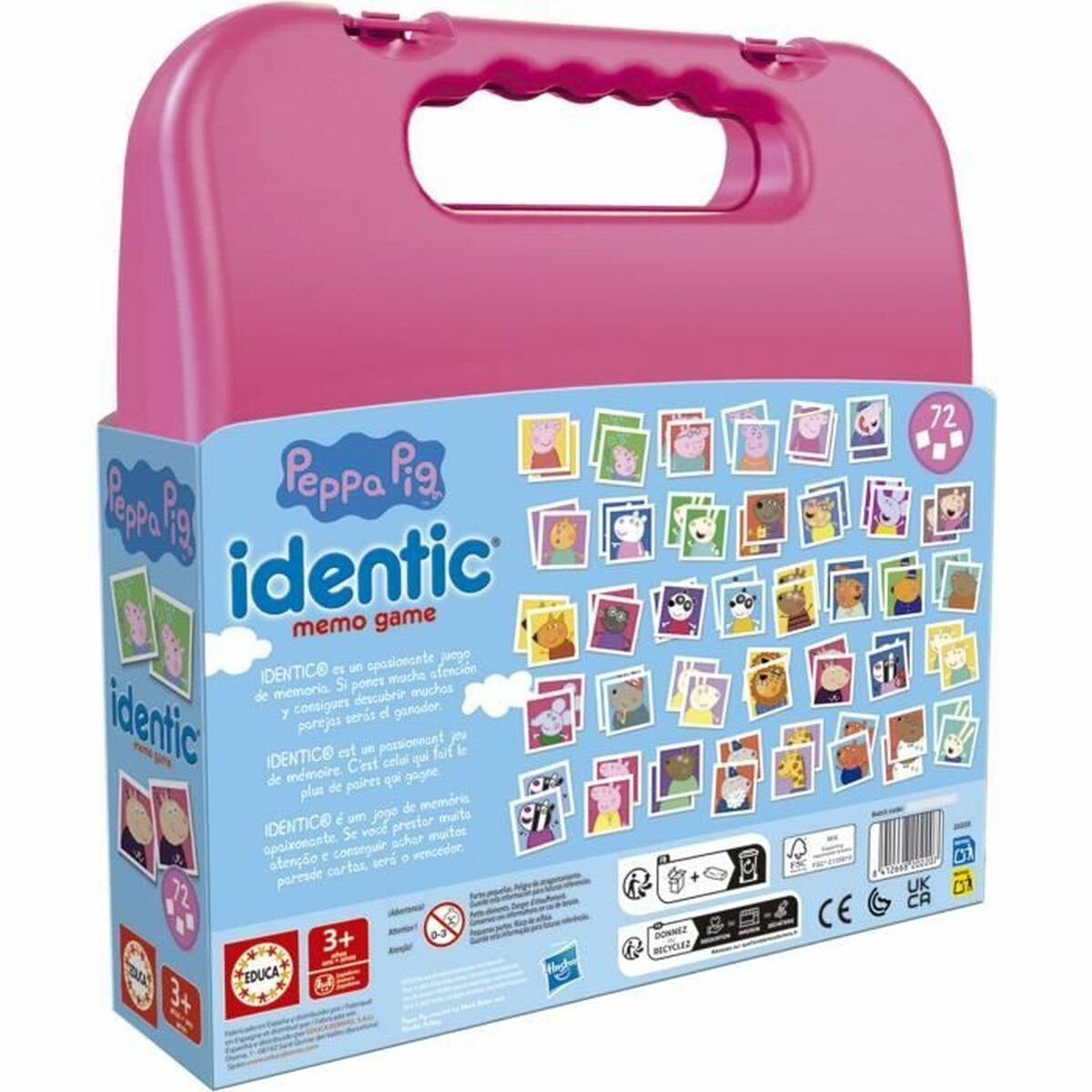 Una scatola rosa del gioco di memoria Peppa Pig Identic. Ha una maniglia e mostra immagini di cartoni animati dei personaggi di Peppa Pig. La scatola ha testo e loghi.