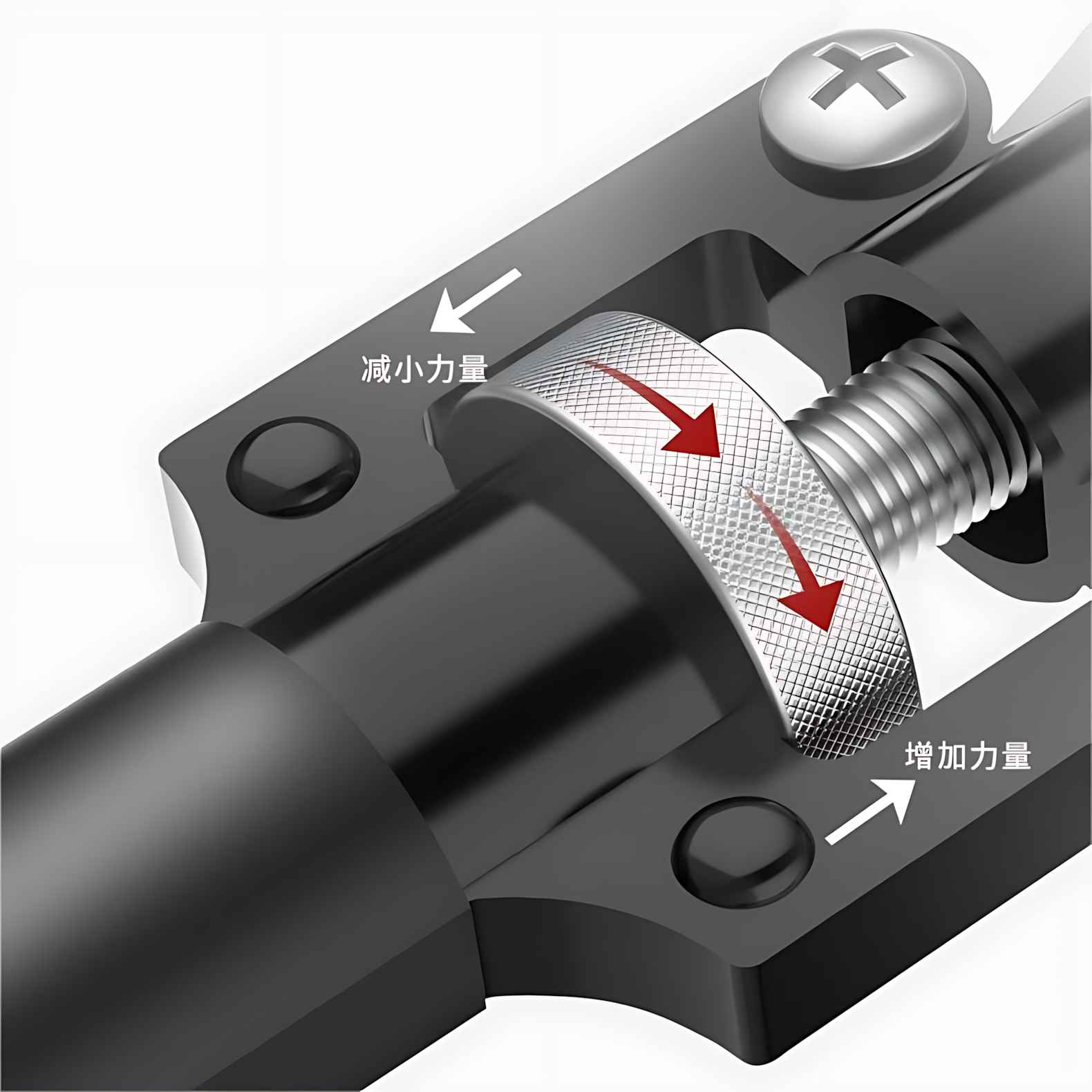 Nahaufnahme eines schwarzen mechanischen Geräts mit einem strukturierten silbernen Zifferblatt. Pfeile zeigen die Kraft an.